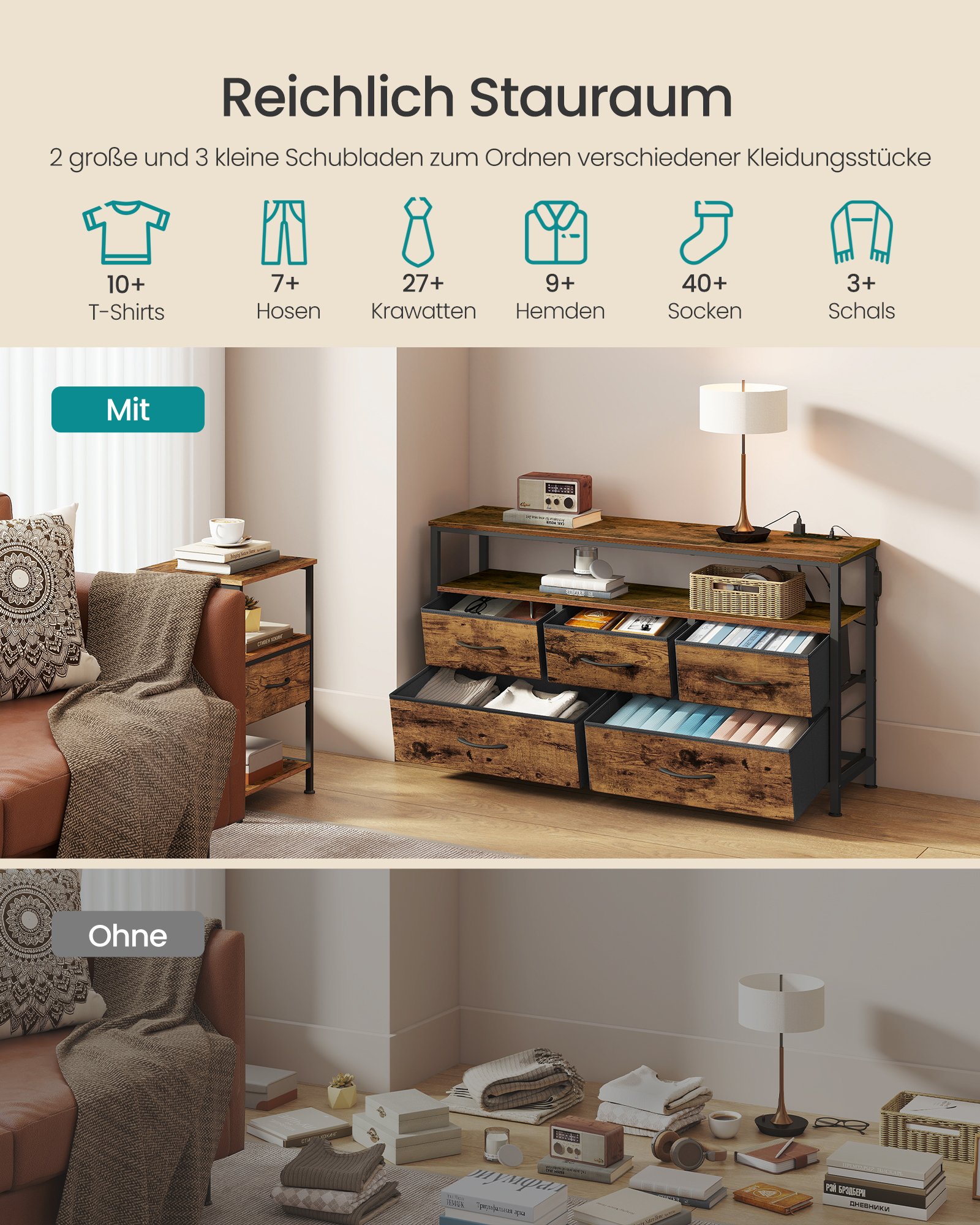 SONGMICS BELLAH Collection - Bedroom Chest of Drawers, Storage Unit, Adjustable LED Lighting, Power Strip, 1 Shelf, 5 Drawers, Industrial Style, Rustic Brown and Ink Black LGS723KD01 4 SONGMICS BELLAH Collection - Bedroom Chest of Drawers, Storage Unit, Adjustable LED Lighting, Power Strip, 1 Shelf, 5 Drawers, Industrial Style, Rustic Brown and Ink Black LGS723KD01 - Bild 4