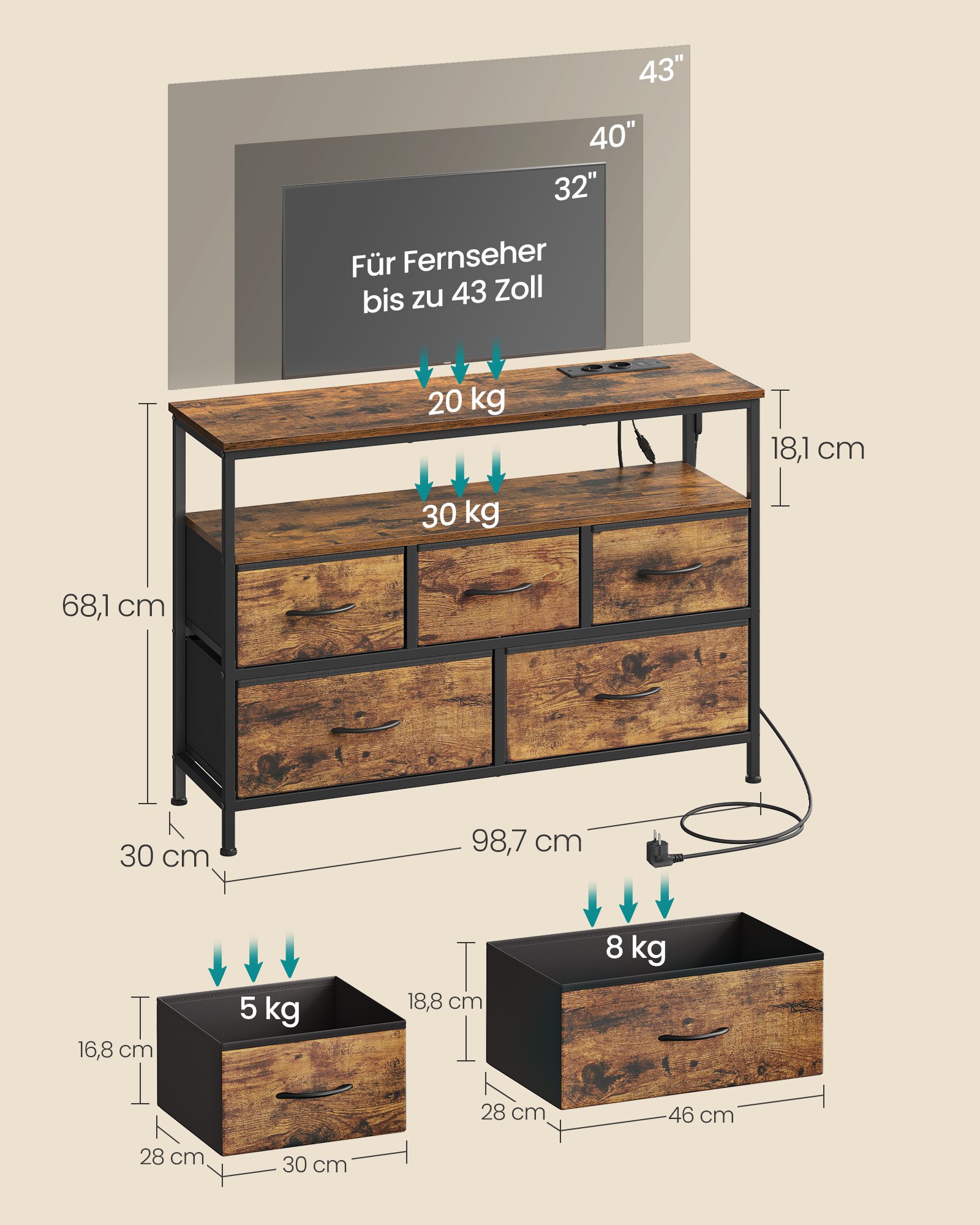 SONGMICS BELLAH Collection - Bedroom Chest of Drawers, Storage Unit, Adjustable LED Lighting, Power Strip, 1 Shelf, 5 Drawers, Industrial Style, Rustic Brown and Ink Black LGS723KD01 5 SONGMICS BELLAH Collection - Bedroom Chest of Drawers, Storage Unit, Adjustable LED Lighting, Power Strip, 1 Shelf, 5 Drawers, Industrial Style, Rustic Brown and Ink Black LGS723KD01 - Bild 5