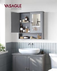 VASAGLE Bathroom Cabinet with Mirror, Wall Cabinet with 2 Mirrored Doors and Open Compartment, Adjustable Shelf, Wall-Mounted, 13 x 56.5 x 58.5 cm, Dove Grey LHC002G02