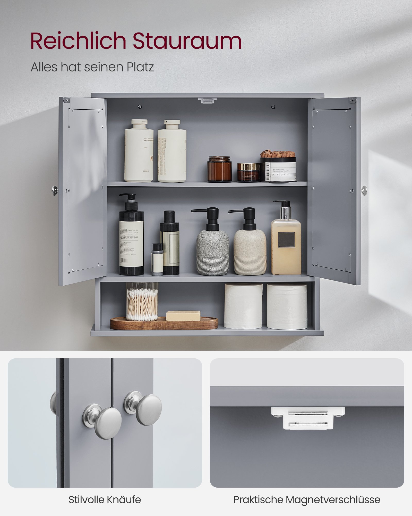 VASAGLE Bathroom Cabinet with Mirror, Wall Cabinet with 2 Mirrored Doors and Open Compartment, Adjustable Shelf, Wall-Mounted, 13 x 56.5 x 58.5 cm, Dove Grey LHC002G02 3 VASAGLE Bathroom Cabinet with Mirror, Wall Cabinet with 2 Mirrored Doors and Open Compartment, Adjustable Shelf, Wall-Mounted, 13 x 56.5 x 58.5 cm, Dove Grey LHC002G02 - Bild 3