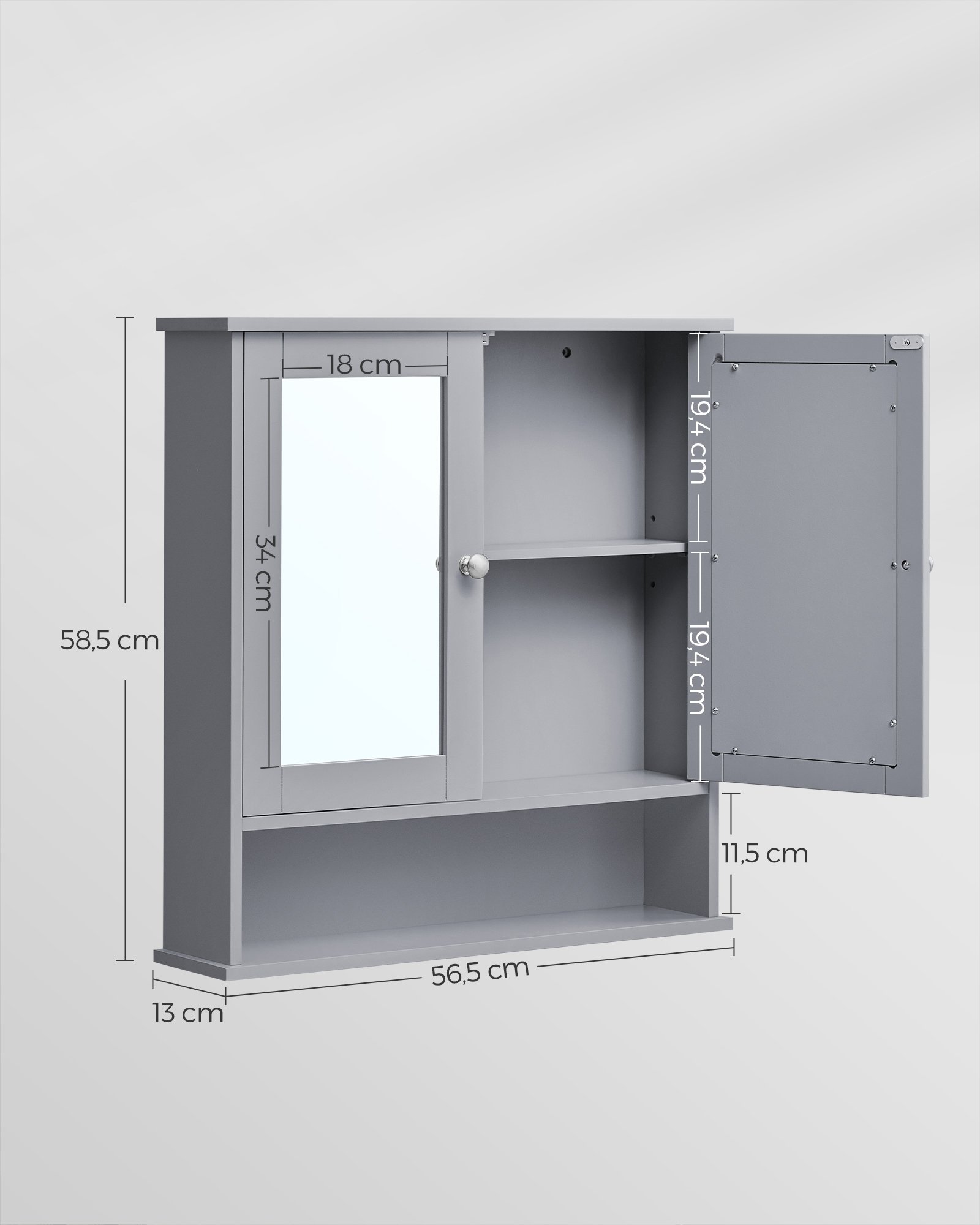 VASAGLE Bathroom Cabinet with Mirror, Wall Cabinet with 2 Mirrored Doors and Open Compartment, Adjustable Shelf, Wall-Mounted, 13 x 56.5 x 58.5 cm, Dove Grey LHC002G02 4 VASAGLE Bathroom Cabinet with Mirror, Wall Cabinet with 2 Mirrored Doors and Open Compartment, Adjustable Shelf, Wall-Mounted, 13 x 56.5 x 58.5 cm, Dove Grey LHC002G02 - Bild 4