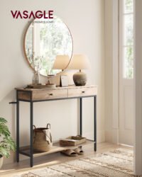 VASAGLE LNT015W01 Console Table, Hallway Table, Side Table, Sofa Table with 2 Drawers, Steel Frame, Hallway, Living Room, Industrial Design, Camel Brown Ink Black