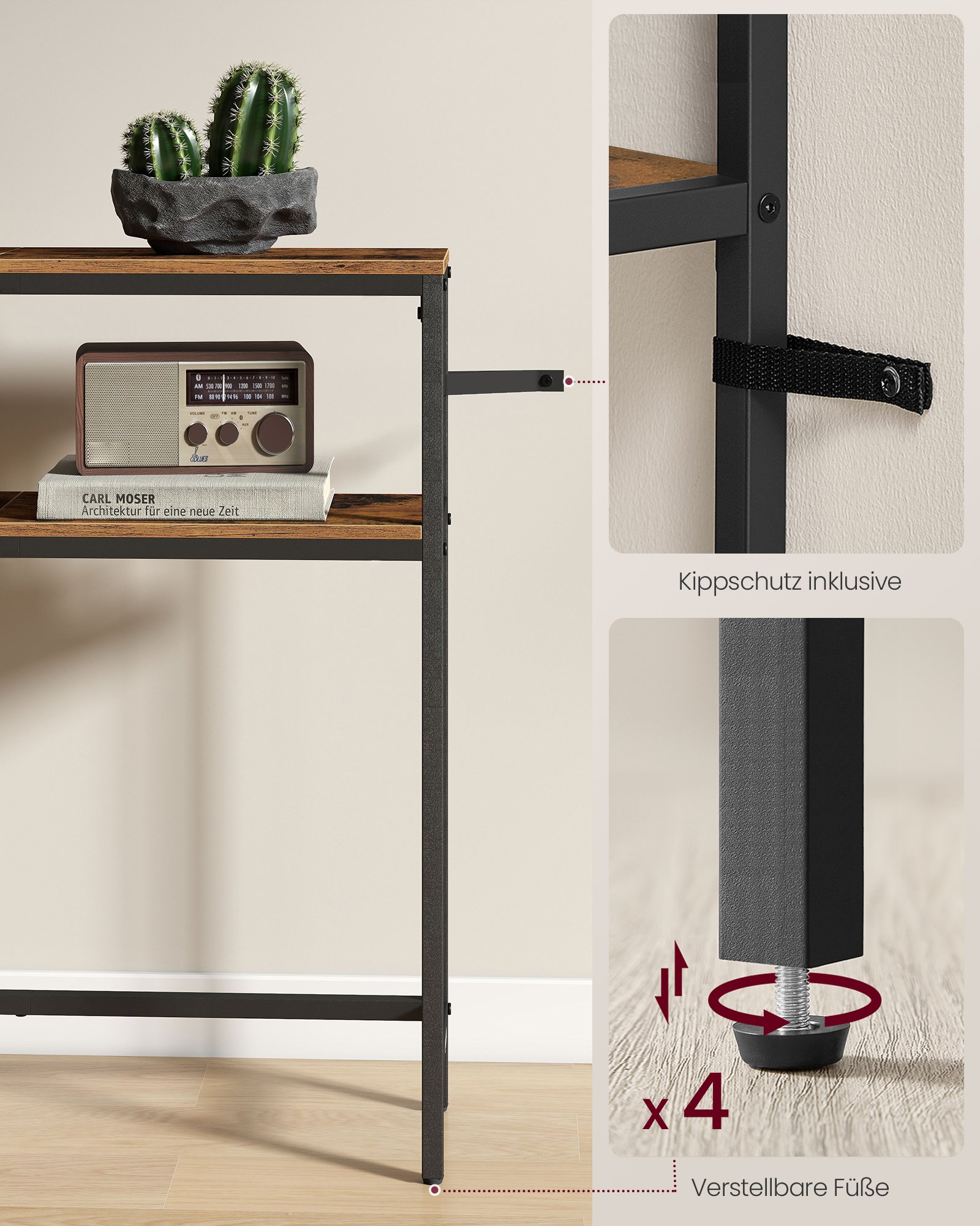 VASAGLE Console Table, 2-Tier Slim Sofa Table, 20 x 80 x 80 cm, Hallway Table with 2 Shelves, for Living Room, Entryway, Rustic Brown and Ink Black LNT130K01V1 3 VASAGLE Console Table, 2-Tier Slim Sofa Table, 20 x 80 x 80 cm, Hallway Table with 2 Shelves, for Living Room, Entryway, Rustic Brown and Ink Black LNT130K01V1 - Bild 3
