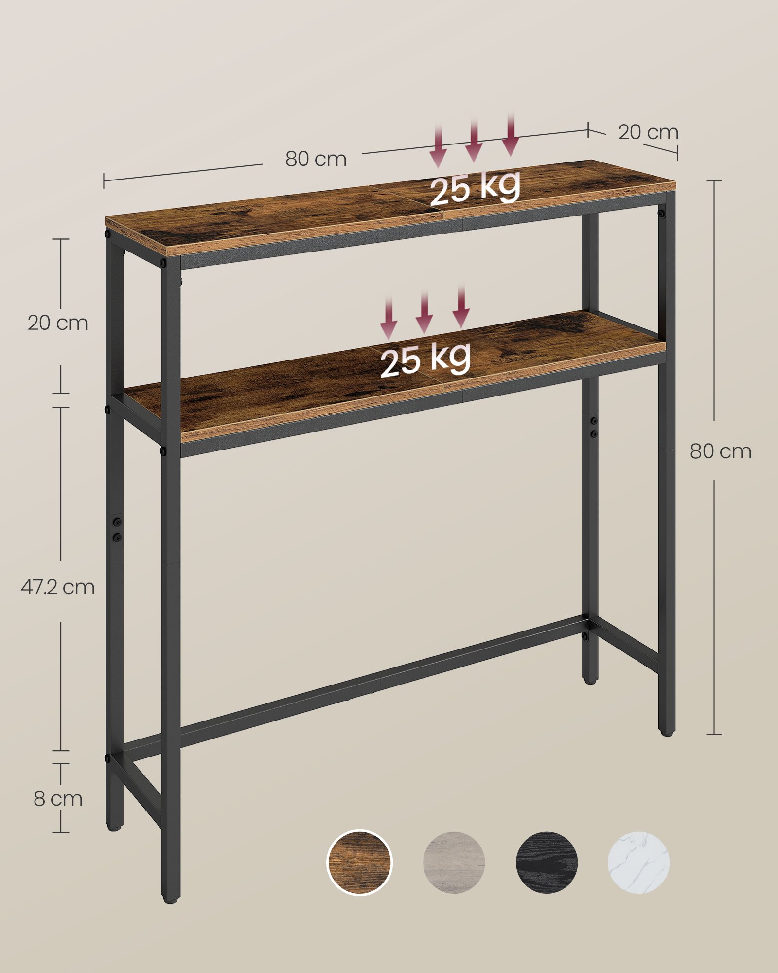 VASAGLE Console Table, 2-Tier Slim Sofa Table, 20 x 80 x 80 cm, Hallway Table with 2 Shelves, for Living Room, Entryway, Rustic Brown and Ink Black LNT130K01V1 4 VASAGLE Console Table, 2-Tier Slim Sofa Table, 20 x 80 x 80 cm, Hallway Table with 2 Shelves, for Living Room, Entryway, Rustic Brown and Ink Black LNT130K01V1 - Bild 4