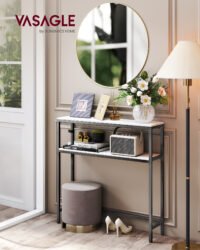 VASAGLE Console Table Narrow Sofa Table with 2 Shelves, 20 x 80 x 80 cm, Hallway Table, 2 Levels, for Hallway, Living Room, Bedroom, Marble White/Ink Black LNT130W59