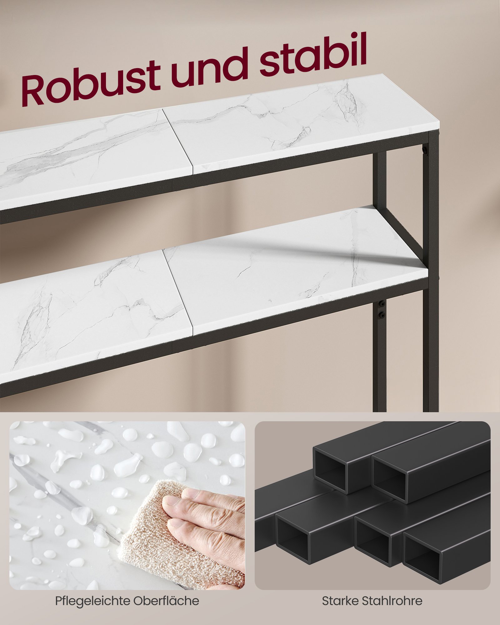 VASAGLE Console Table Narrow Sofa Table with 2 Shelves, 20 x 80 x 80 cm, Hallway Table, 2 Levels, for Hallway, Living Room, Bedroom, Marble White/Ink Black LNT130W59 2 VASAGLE Console Table Narrow Sofa Table with 2 Shelves, 20 x 80 x 80 cm, Hallway Table, 2 Levels, for Hallway, Living Room, Bedroom, Marble White/Ink Black LNT130W59 - Bild 2