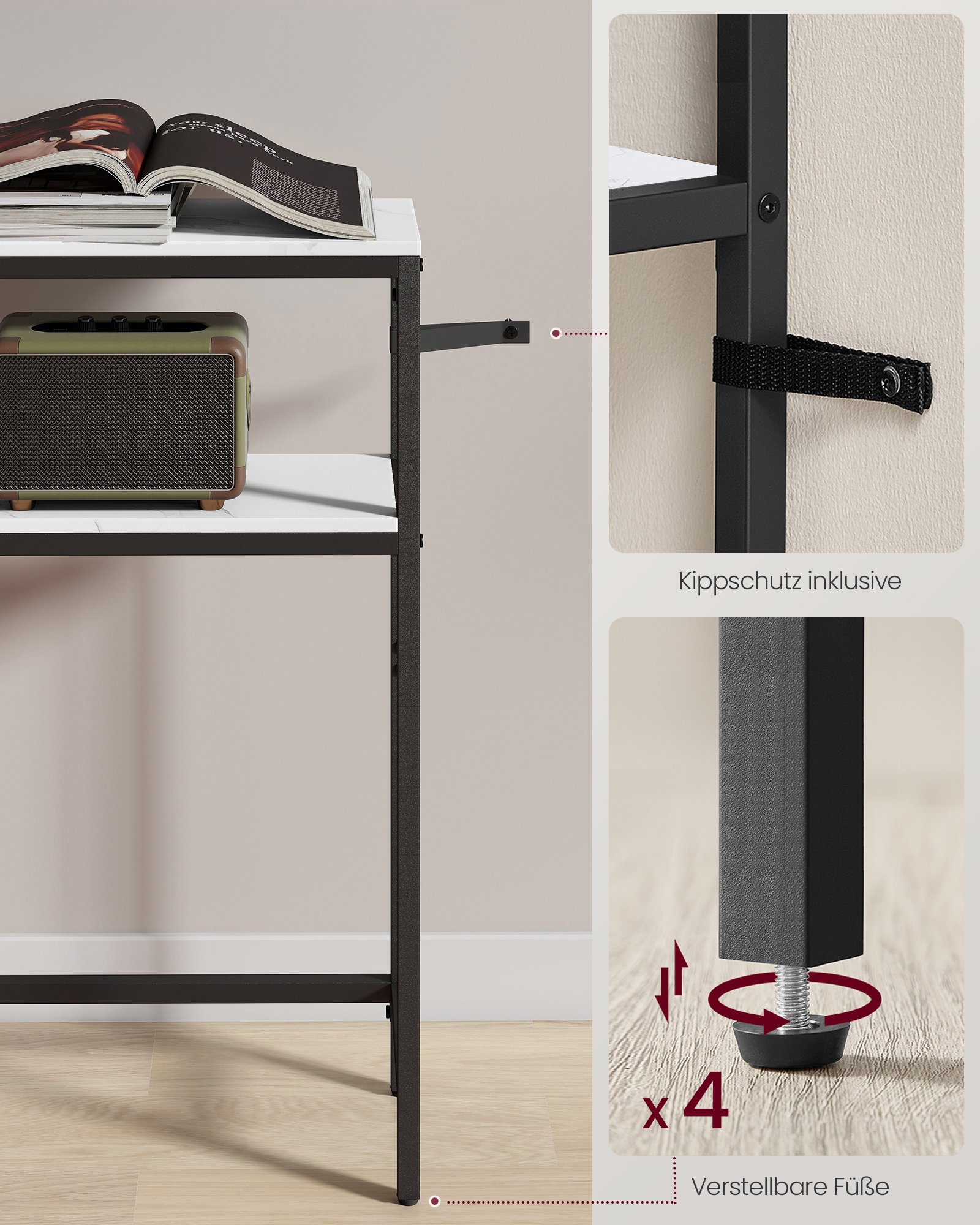 VASAGLE Console Table Narrow Sofa Table with 2 Shelves, 20 x 80 x 80 cm, Hallway Table, 2 Levels, for Hallway, Living Room, Bedroom, Marble White/Ink Black LNT130W59 3 VASAGLE Console Table Narrow Sofa Table with 2 Shelves, 20 x 80 x 80 cm, Hallway Table, 2 Levels, for Hallway, Living Room, Bedroom, Marble White/Ink Black LNT130W59 - Bild 3