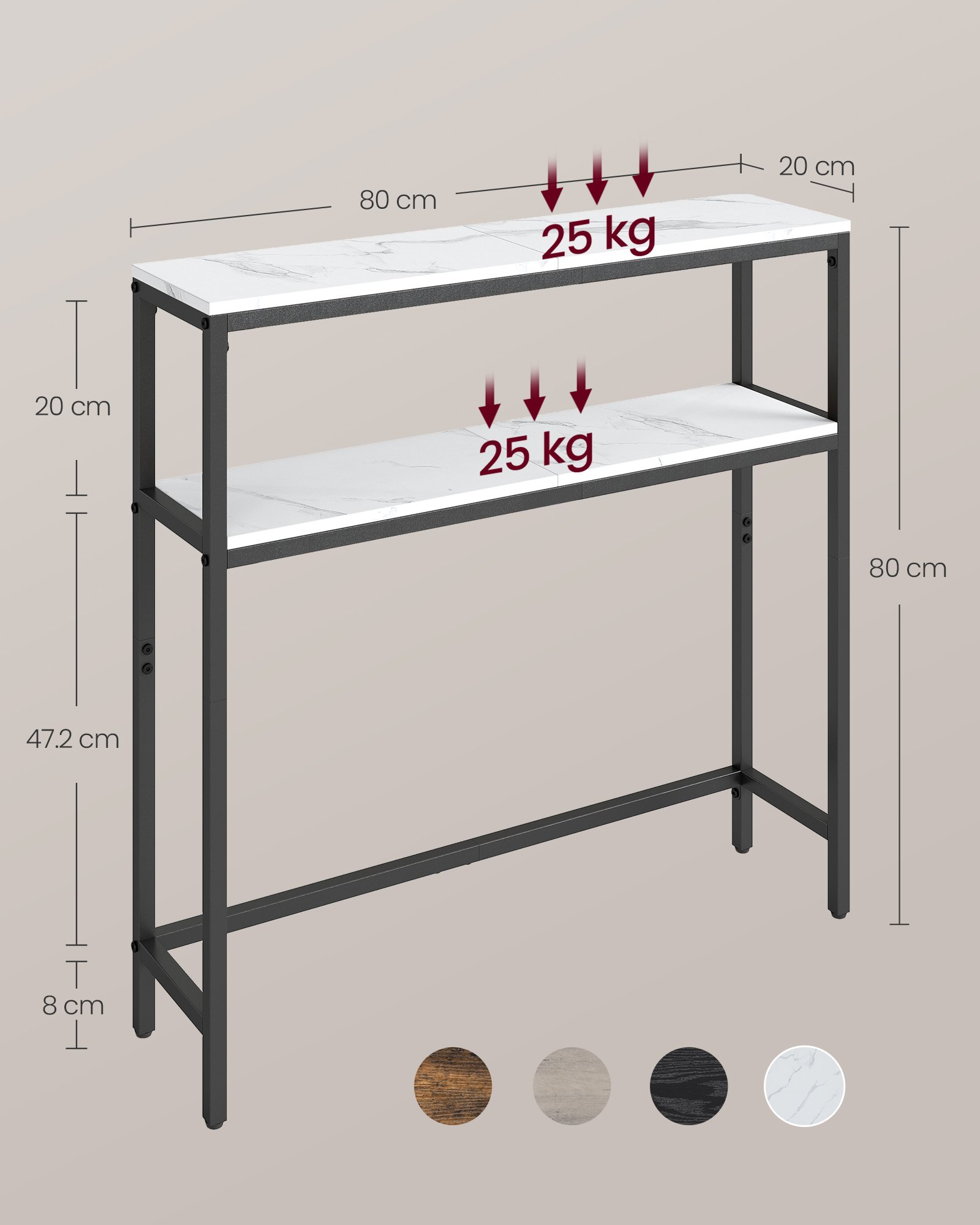 VASAGLE Console Table Narrow Sofa Table with 2 Shelves, 20 x 80 x 80 cm, Hallway Table, 2 Levels, for Hallway, Living Room, Bedroom, Marble White/Ink Black LNT130W59 4 VASAGLE Console Table Narrow Sofa Table with 2 Shelves, 20 x 80 x 80 cm, Hallway Table, 2 Levels, for Hallway, Living Room, Bedroom, Marble White/Ink Black LNT130W59 - Bild 4