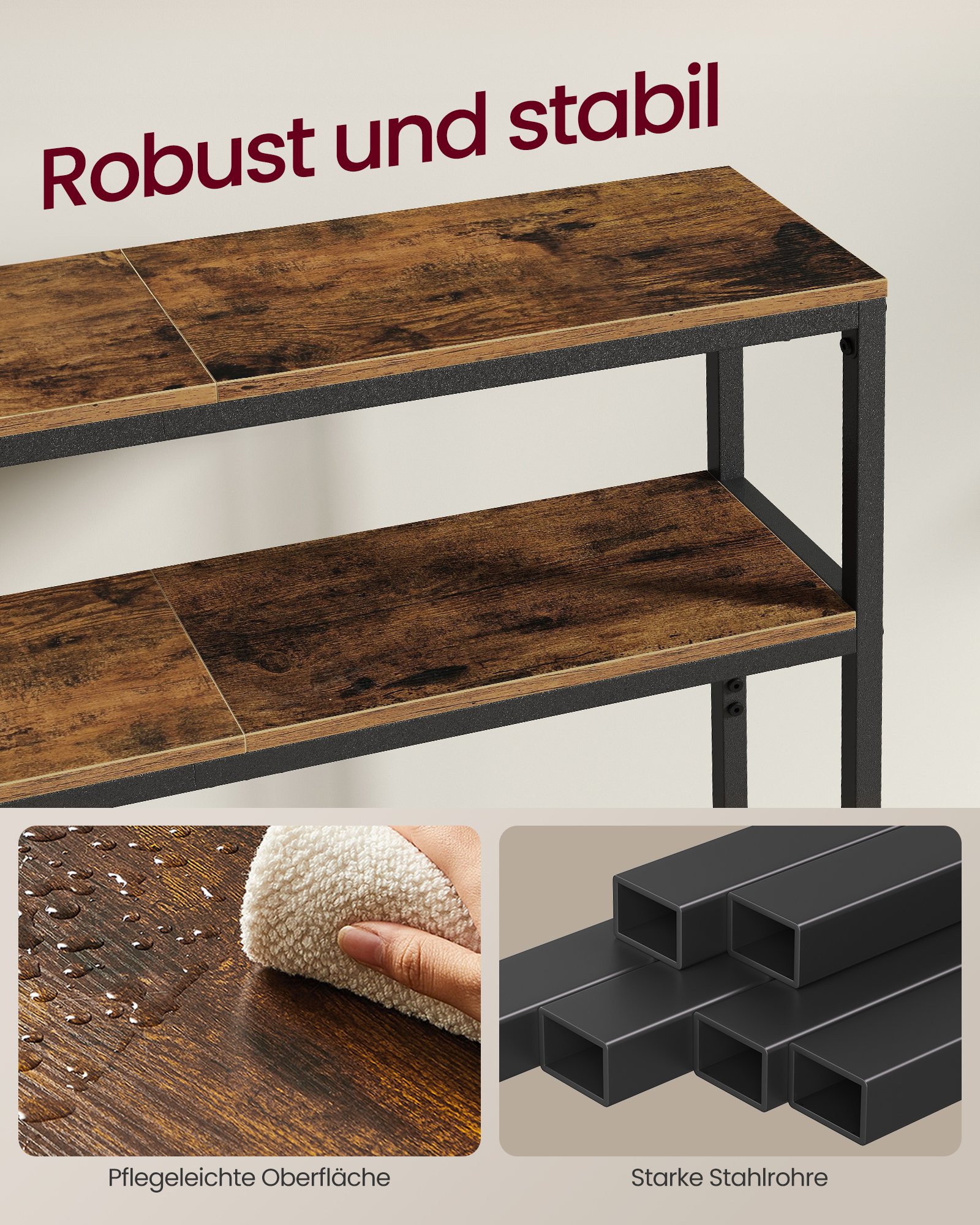 VASAGLE Console Table, 2-Tier Slim Sofa Table, 20 x 120 x 80 cm, Hallway Table with 2 Shelves, for Living Room, Entryway, Rustic Brown and Ink Black LNT133K01V1 2 VASAGLE Console Table, 2-Tier Slim Sofa Table, 20 x 120 x 80 cm, Hallway Table with 2 Shelves, for Living Room, Entryway, Rustic Brown and Ink Black LNT133K01V1 - Bild 2
