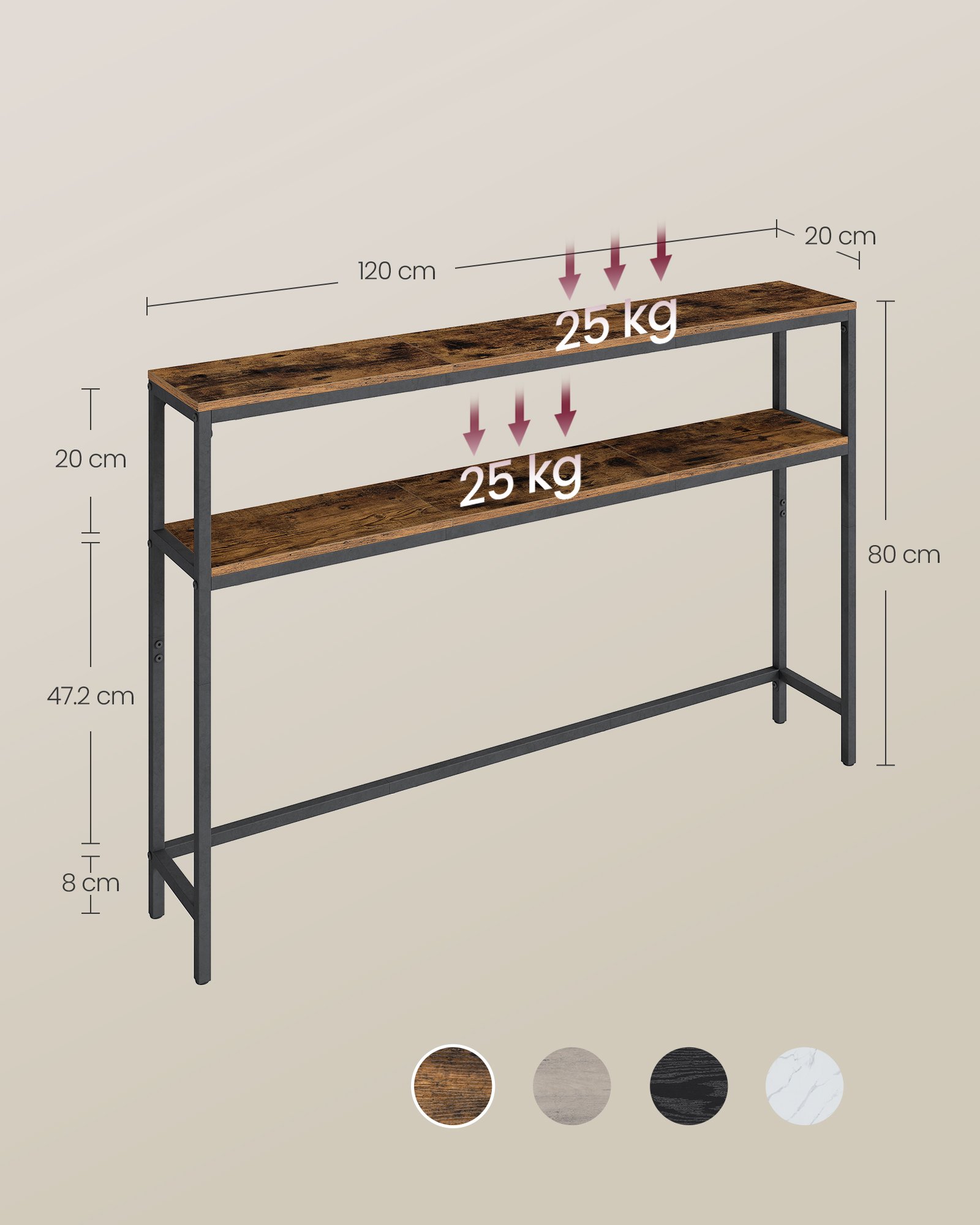 VASAGLE Console Table, 2-Tier Slim Sofa Table, 20 x 120 x 80 cm, Hallway Table with 2 Shelves, for Living Room, Entryway, Rustic Brown and Ink Black LNT133K01V1 4 VASAGLE Console Table, 2-Tier Slim Sofa Table, 20 x 120 x 80 cm, Hallway Table with 2 Shelves, for Living Room, Entryway, Rustic Brown and Ink Black LNT133K01V1 - Bild 4
