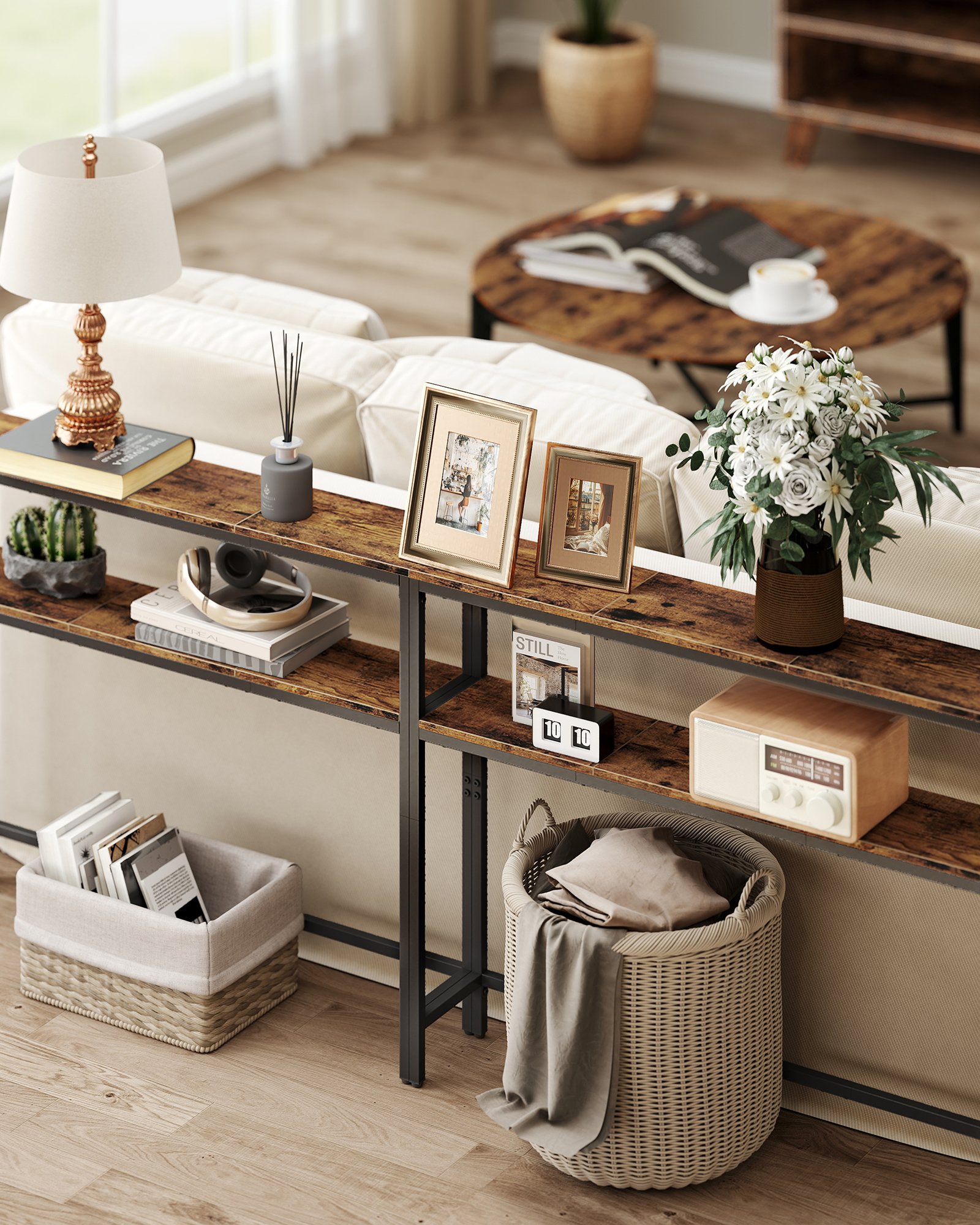 VASAGLE Console Table, 2-Tier Slim Sofa Table, 20 x 120 x 80 cm, Hallway Table with 2 Shelves, for Living Room, Entryway, Rustic Brown and Ink Black LNT133K01V1 5 VASAGLE Console Table, 2-Tier Slim Sofa Table, 20 x 120 x 80 cm, Hallway Table with 2 Shelves, for Living Room, Entryway, Rustic Brown and Ink Black LNT133K01V1 - Bild 5