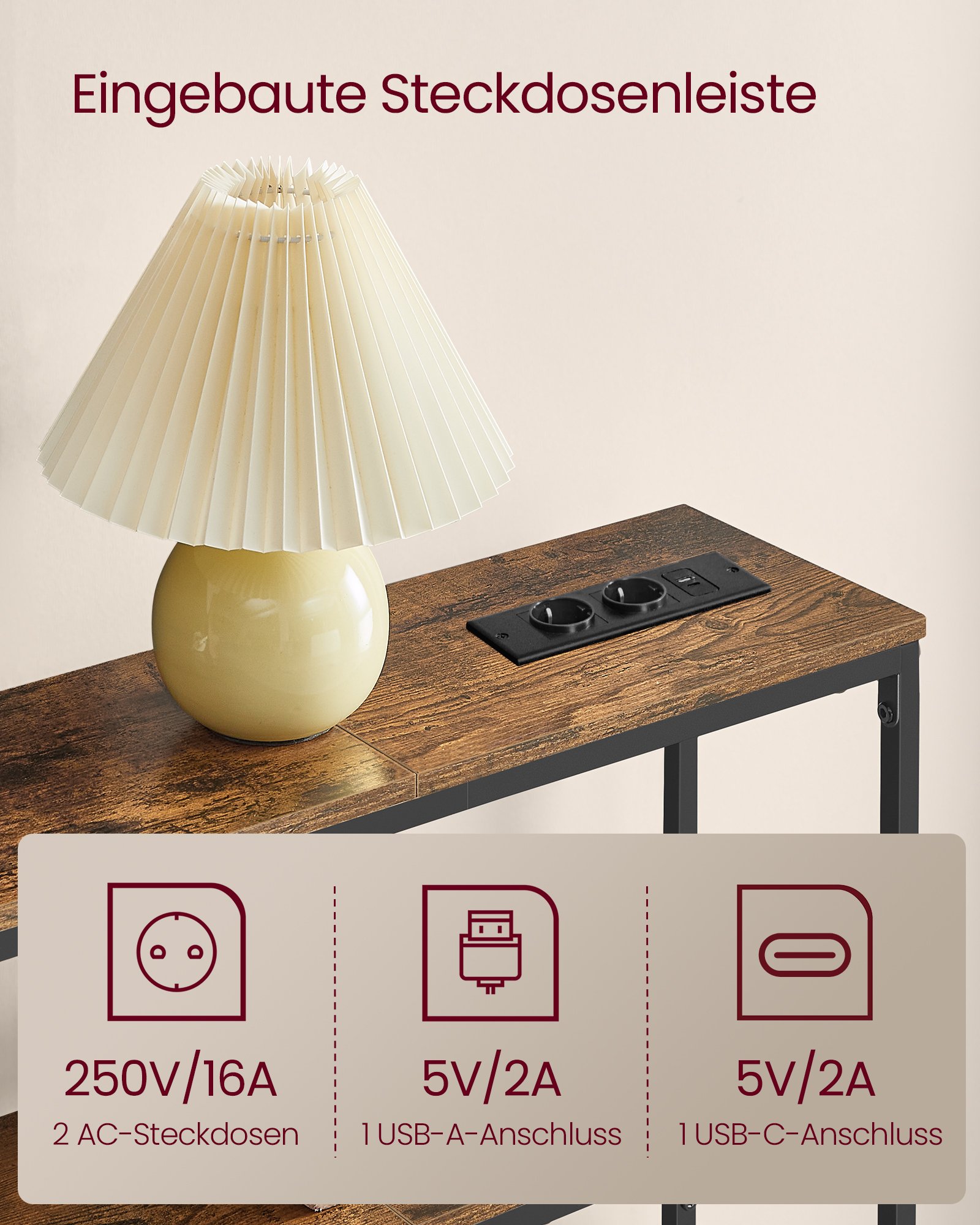 VASAGLE Console Table, Narrow Sofa Table with 2 Shelves, 20 x 80 x 80 cm, Hallway Table with Charging Station, for Living Room, Hallway, Entryway, Vintage Brown/Ink Black LNT135KD01 2 VASAGLE Console Table, Narrow Sofa Table with 2 Shelves, 20 x 80 x 80 cm, Hallway Table with Charging Station, for Living Room, Hallway, Entryway, Vintage Brown/Ink Black LNT135KD01 - Bild 2