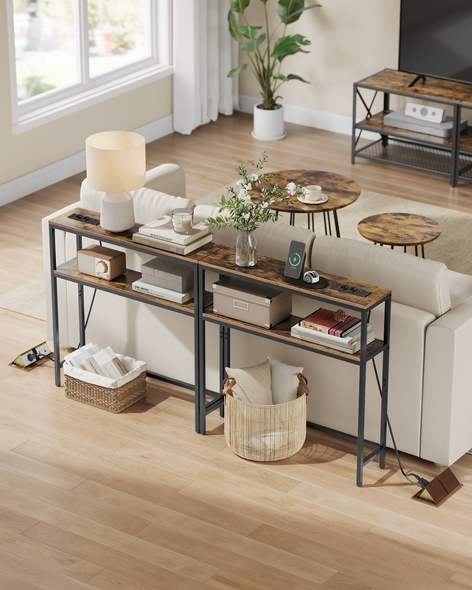 VASAGLE Console Table, Narrow Sofa Table with 2 Shelves, 20 x 80 x 80 cm, Hallway Table with Charging Station, for Living Room, Hallway, Entryway, Vintage Brown/Ink Black LNT135KD01 3 VASAGLE Console Table, Narrow Sofa Table with 2 Shelves, 20 x 80 x 80 cm, Hallway Table with Charging Station, for Living Room, Hallway, Entryway, Vintage Brown/Ink Black LNT135KD01 - Bild 3