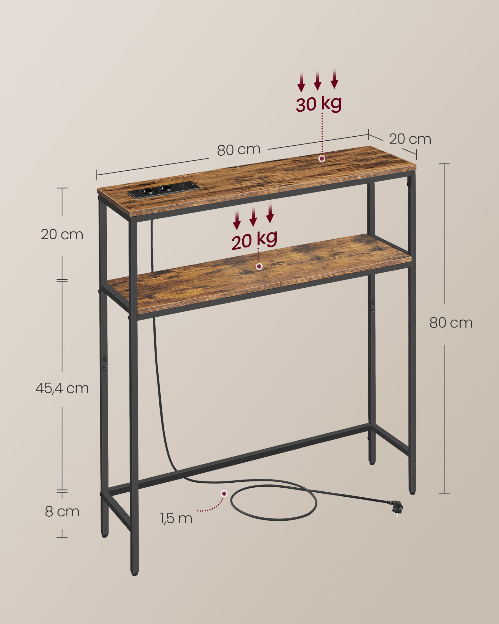 VASAGLE Console Table, Narrow Sofa Table with 2 Shelves, 20 x 80 x 80 cm, Hallway Table with Charging Station, for Living Room, Hallway, Entryway, Vintage Brown/Ink Black LNT135KD01 4 VASAGLE Console Table, Narrow Sofa Table with 2 Shelves, 20 x 80 x 80 cm, Hallway Table with Charging Station, for Living Room, Hallway, Entryway, Vintage Brown/Ink Black LNT135KD01 - Bild 4