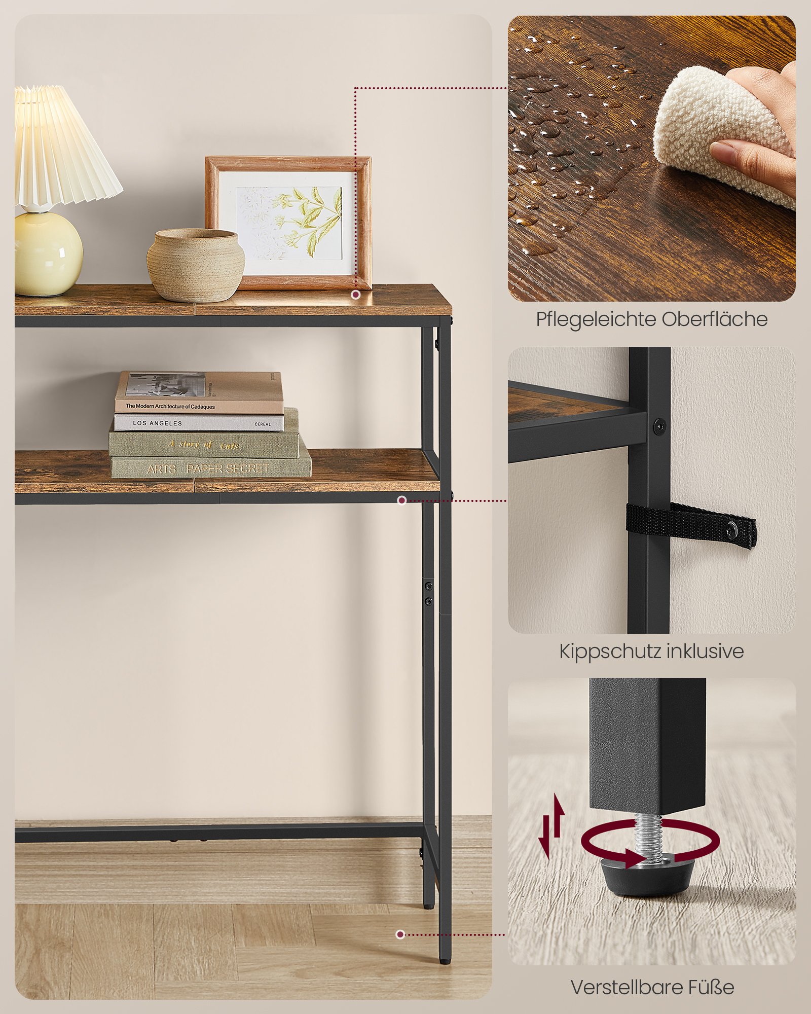 VASAGLE Console Table, Narrow Sofa Table with 2 Shelves, 20 x 80 x 80 cm, Hallway Table with Charging Station, for Living Room, Hallway, Entryway, Vintage Brown/Ink Black LNT135KD01 5 VASAGLE Console Table, Narrow Sofa Table with 2 Shelves, 20 x 80 x 80 cm, Hallway Table with Charging Station, for Living Room, Hallway, Entryway, Vintage Brown/Ink Black LNT135KD01 - Bild 5