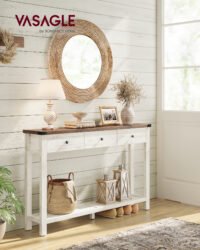 VASAGLE Console Table, Side Table, Narrow Sofa Table with 3 Drawers and One Shelf, for Hallway, Living Room, Country House Style, Honey Brown, Vintage White, LNT142WJ01
