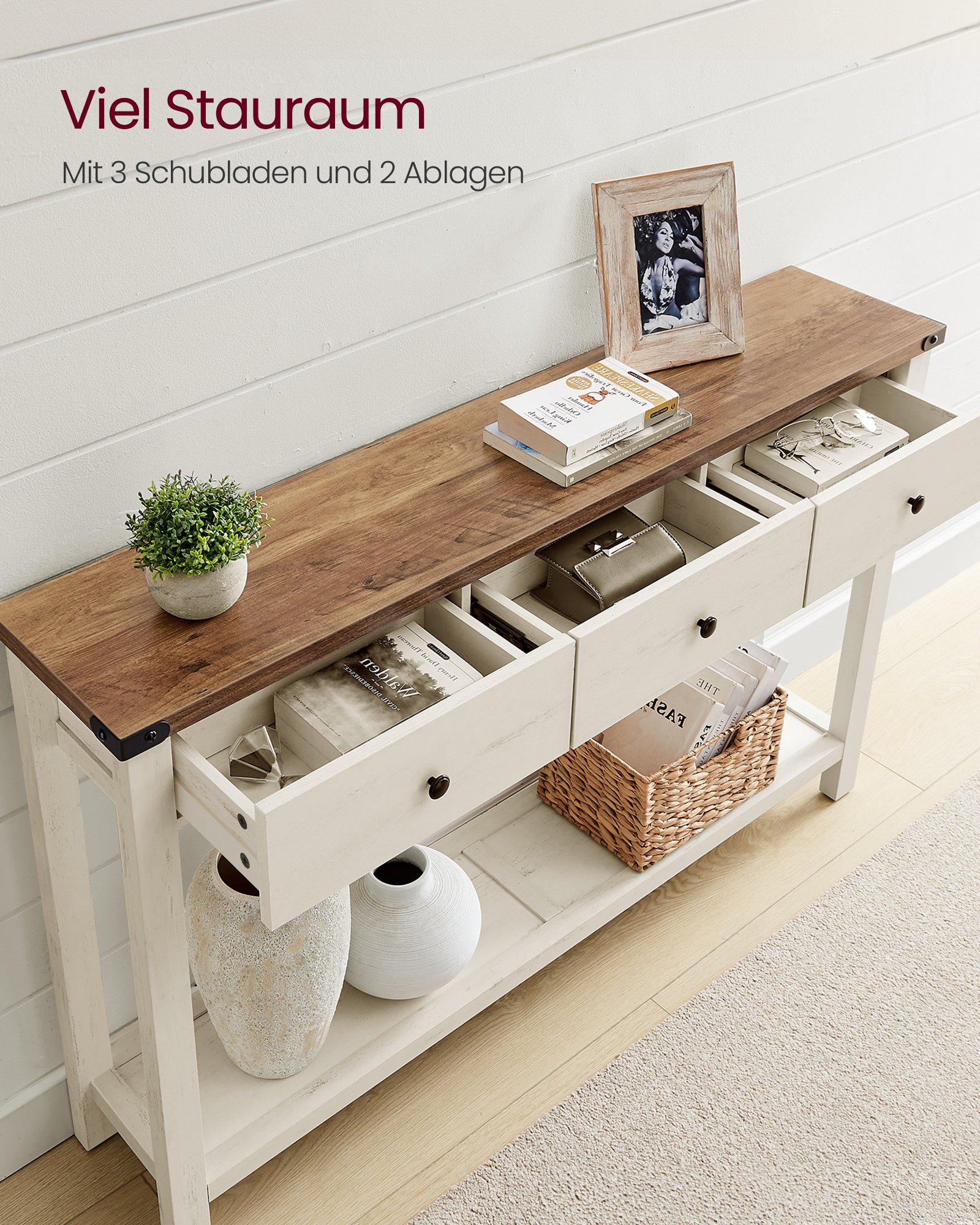 VASAGLE Console Table, Side Table, Narrow Sofa Table with 3 Drawers and One Shelf, for Hallway, Living Room, Country House Style, Honey Brown, Vintage White, LNT142WJ01 2 VASAGLE Console Table, Side Table, Narrow Sofa Table with 3 Drawers and One Shelf, for Hallway, Living Room, Country House Style, Honey Brown, Vintage White, LNT142WJ01 - Bild 2