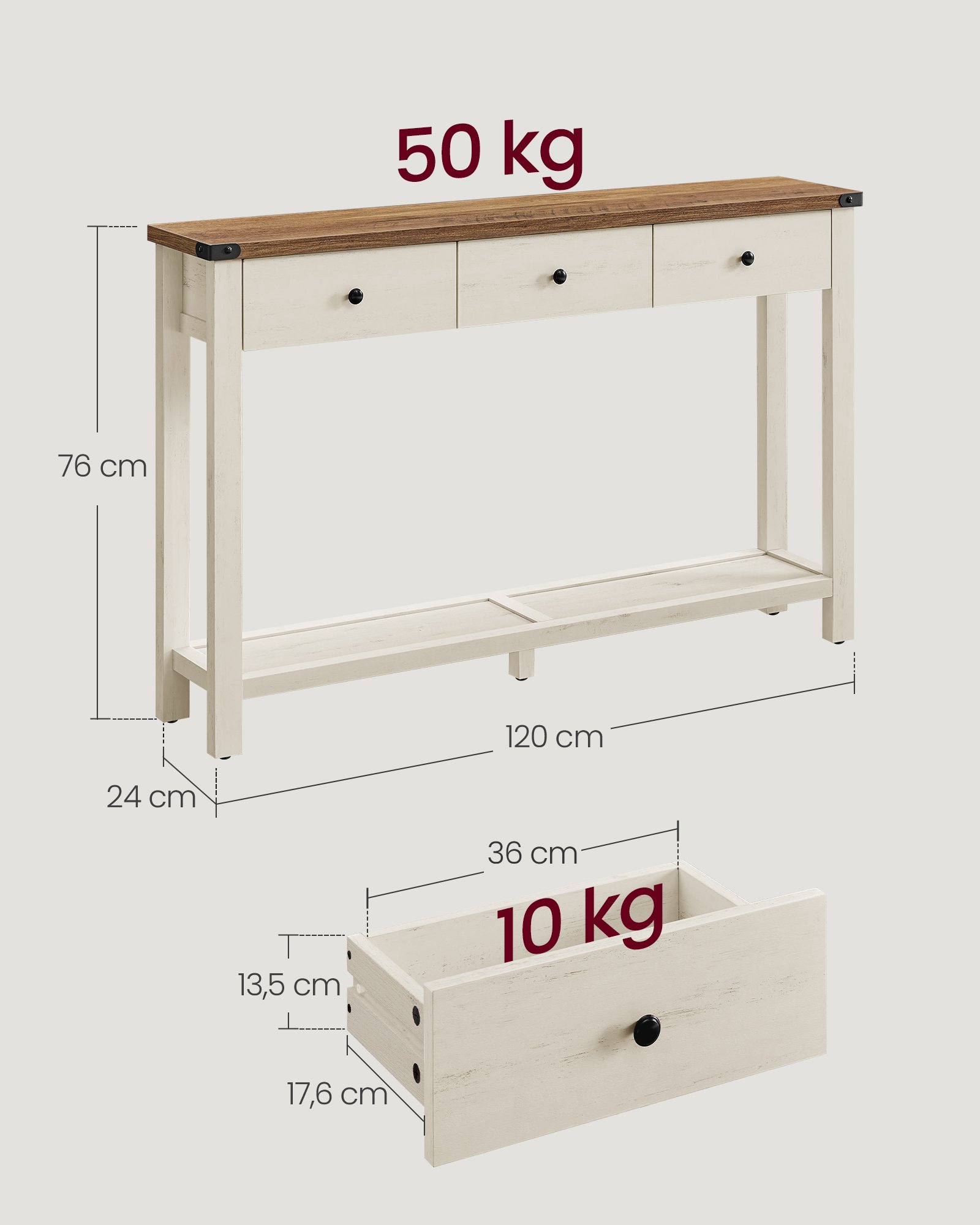 VASAGLE Console Table, Side Table, Narrow Sofa Table with 3 Drawers and One Shelf, for Hallway, Living Room, Country House Style, Honey Brown, Vintage White, LNT142WJ01 5 VASAGLE Console Table, Side Table, Narrow Sofa Table with 3 Drawers and One Shelf, for Hallway, Living Room, Country House Style, Honey Brown, Vintage White, LNT142WJ01 - Bild 5