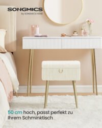 SONGMICS Dressing Table Chair Stool with Storage Vanity Stool Footstool Metal Legs Padded Adjustable Feet Living Room Bedroom Dressing Room Cream White LOM505WZ02
