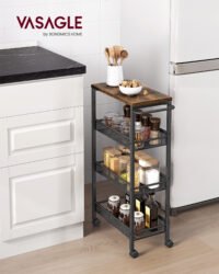 VASAGLE 4-Tier Trolley, Space-Saving Kitchen Cart with Castors, 22 cm Deep, Steel Frame, Handle, Trolley for Small Spaces, Kitchen Bathroom Living Room Studio, Rustic Brown and Black LRC033B01