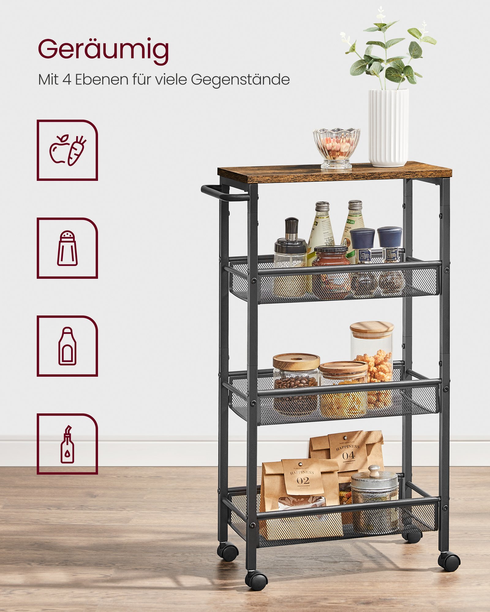 VASAGLE 4-Tier Trolley, Space-Saving Kitchen Cart with Castors, 22 cm Deep, Steel Frame, Handle, Trolley for Small Spaces, Kitchen Bathroom Living Room Studio, Rustic Brown and Black LRC033B01 2 VASAGLE 4-Tier Trolley, Space-Saving Kitchen Cart with Castors, 22 cm Deep, Steel Frame, Handle, Trolley for Small Spaces, Kitchen Bathroom Living Room Studio, Rustic Brown and Black LRC033B01 - Bild 2