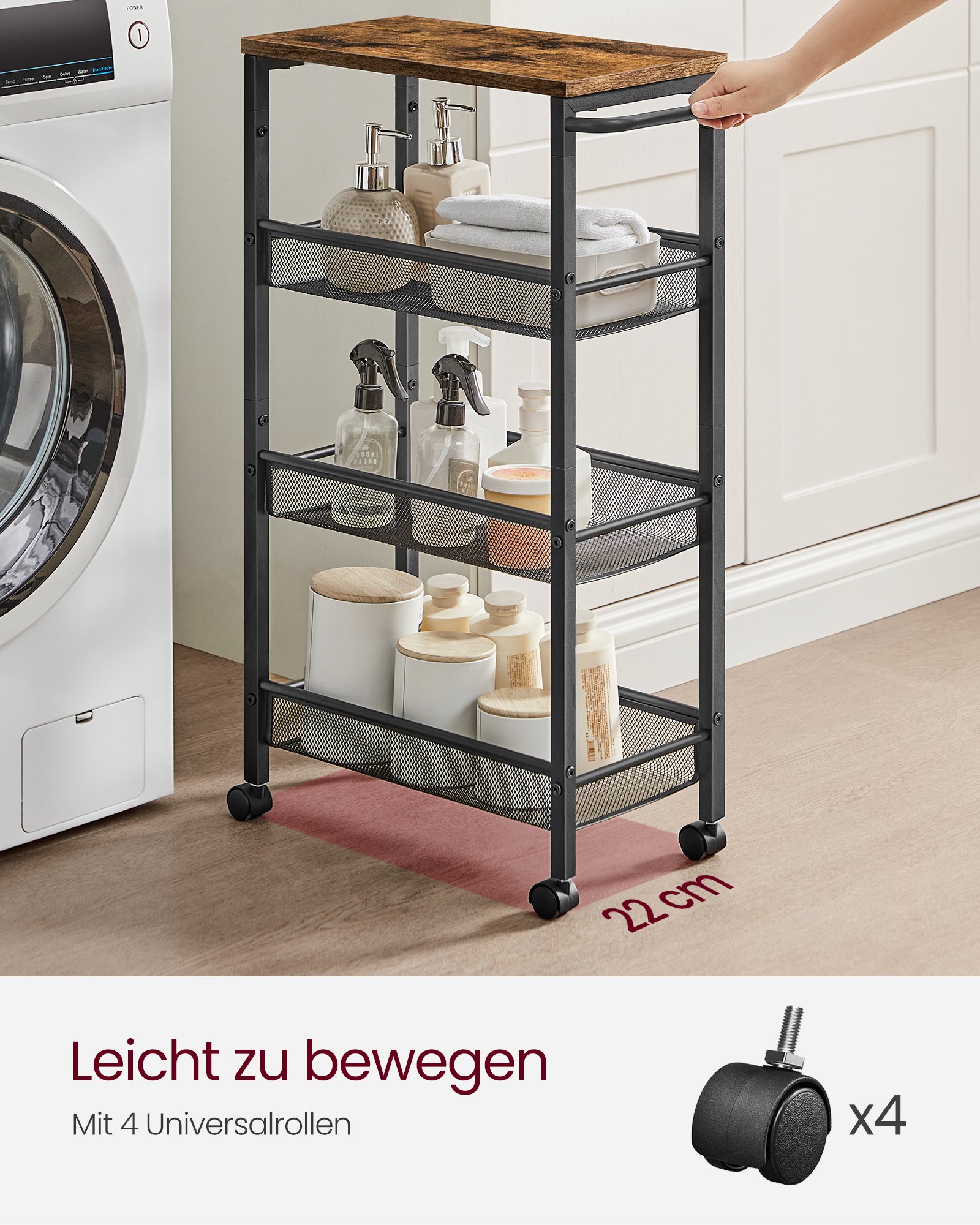 VASAGLE 4-Tier Trolley, Space-Saving Kitchen Cart with Castors, 22 cm Deep, Steel Frame, Handle, Trolley for Small Spaces, Kitchen Bathroom Living Room Studio, Rustic Brown and Black LRC033B01 3 VASAGLE 4-Tier Trolley, Space-Saving Kitchen Cart with Castors, 22 cm Deep, Steel Frame, Handle, Trolley for Small Spaces, Kitchen Bathroom Living Room Studio, Rustic Brown and Black LRC033B01 - Bild 3