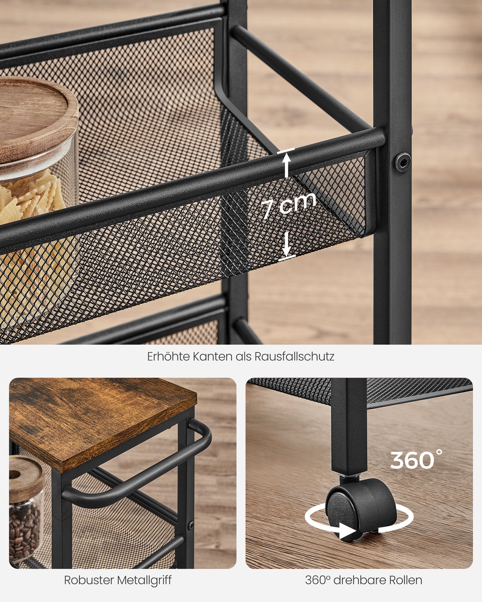 VASAGLE 4-Tier Trolley, Space-Saving Kitchen Cart with Castors, 22 cm Deep, Steel Frame, Handle, Trolley for Small Spaces, Kitchen Bathroom Living Room Studio, Rustic Brown and Black LRC033B01 4 VASAGLE 4-Tier Trolley, Space-Saving Kitchen Cart with Castors, 22 cm Deep, Steel Frame, Handle, Trolley for Small Spaces, Kitchen Bathroom Living Room Studio, Rustic Brown and Black LRC033B01 - Bild 4