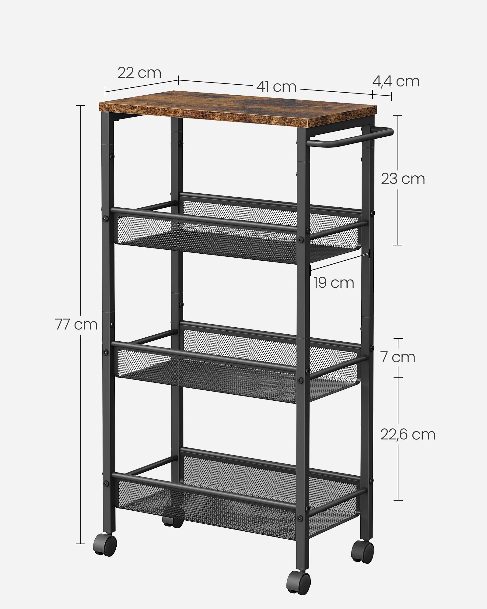 VASAGLE 4-Tier Trolley, Space-Saving Kitchen Cart with Castors, 22 cm Deep, Steel Frame, Handle, Trolley for Small Spaces, Kitchen Bathroom Living Room Studio, Rustic Brown and Black LRC033B01 5 VASAGLE 4-Tier Trolley, Space-Saving Kitchen Cart with Castors, 22 cm Deep, Steel Frame, Handle, Trolley for Small Spaces, Kitchen Bathroom Living Room Studio, Rustic Brown and Black LRC033B01 - Bild 5