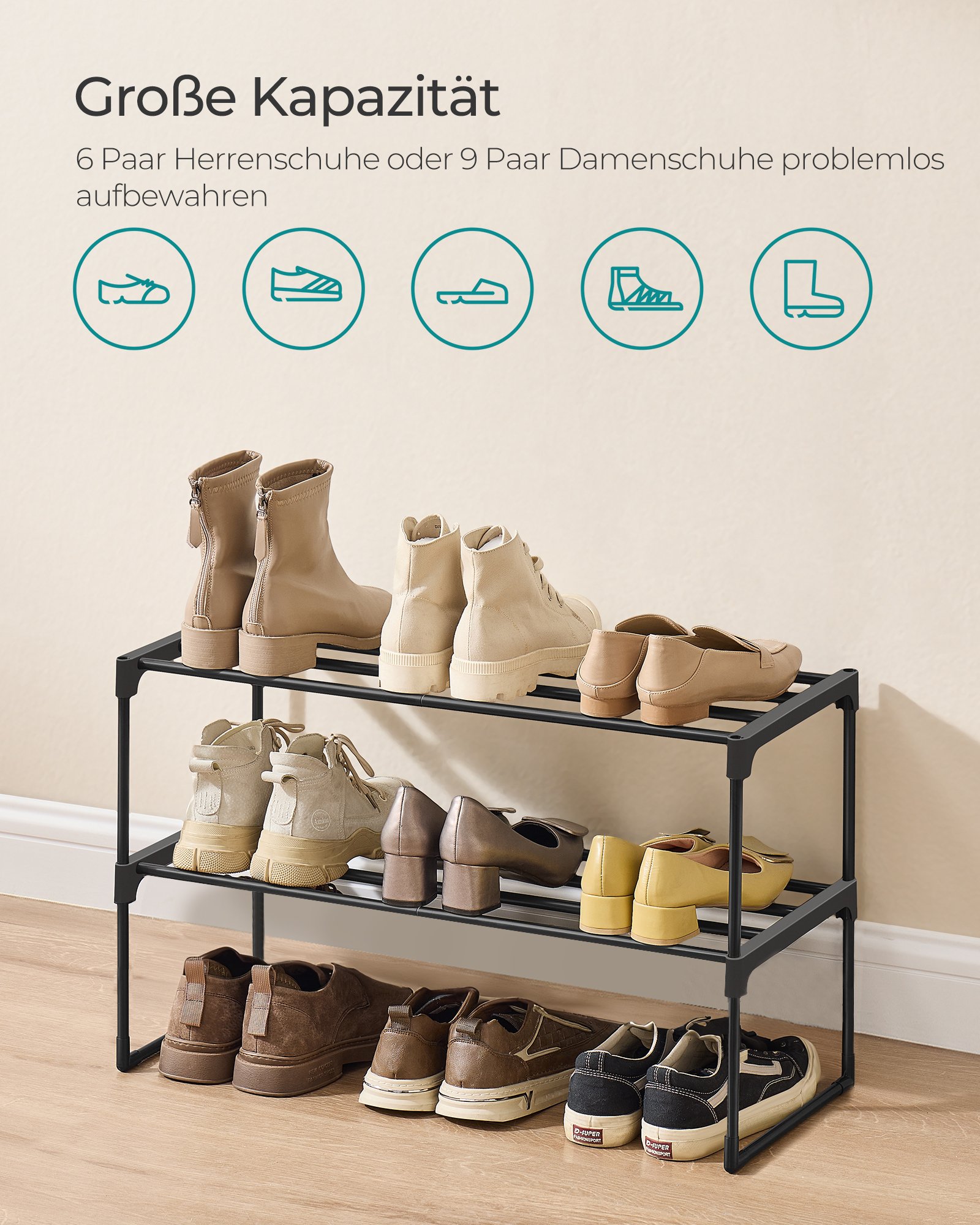 SONGMICS Shoe Rack 2 Tier Shoe Rack Metal Shoe Storage Shoe Organizer Upright or Inverted for 6-9 Pairs of Shoes Stackable Hallway 30 x 68 x 33.8 cm Black LSA202B01 3 SONGMICS Shoe Rack 2 Tier Shoe Rack Metal Shoe Storage Shoe Organizer Upright or Inverted for 6-9 Pairs of Shoes Stackable Hallway 30 x 68 x 33.8 cm Black LSA202B01 - Bild 3