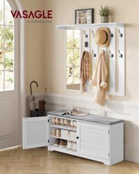 VASAGLE Shoe Bench, Wall Cabinet, Coat Rack with Mirror, 10 Double Hooks, Shoe Rack with Adjustable Shelves, Double Doors, Width 101 cm, Cloud White LSC011W01