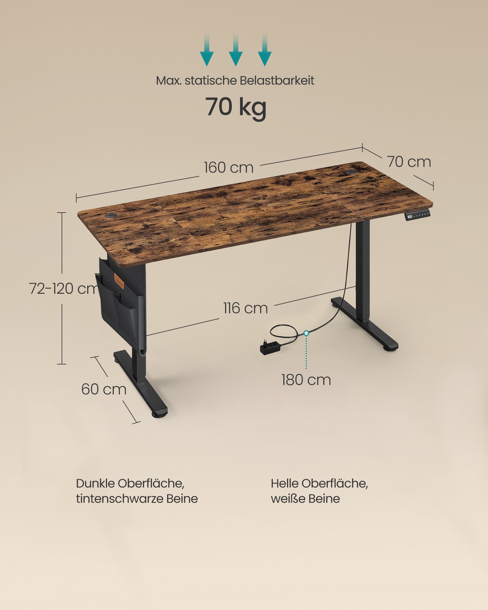 Höjdjusterbart elektriskt skrivbord, 70 x 160 x 72–120 cm, 4 höjder, Vintagebrun, Bläcksvart 3 Höjdjusterbart elektriskt skrivbord, 70 x 160 x 72–120 cm, 4 höjder, Vintagebrun, Bläcksvart - Bild 3