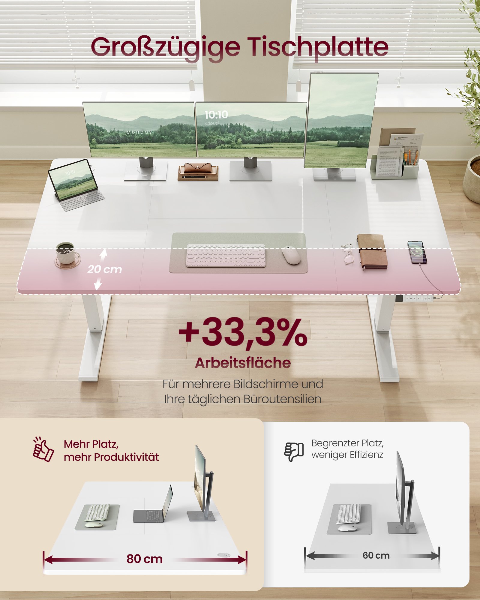 VASAGLE Height Adjustable Desk, 160 x 80 cm, USB-C Port, Power Strip Shelf, Standing Table, Long Sit Reminder, 3 Memory Buttons, for Office, Matte White LSD146WZ02 2 VASAGLE Height Adjustable Desk, 160 x 80 cm, USB-C Port, Power Strip Shelf, Standing Table, Long Sit Reminder, 3 Memory Buttons, for Office, Matte White LSD146WZ02 - Bild 2