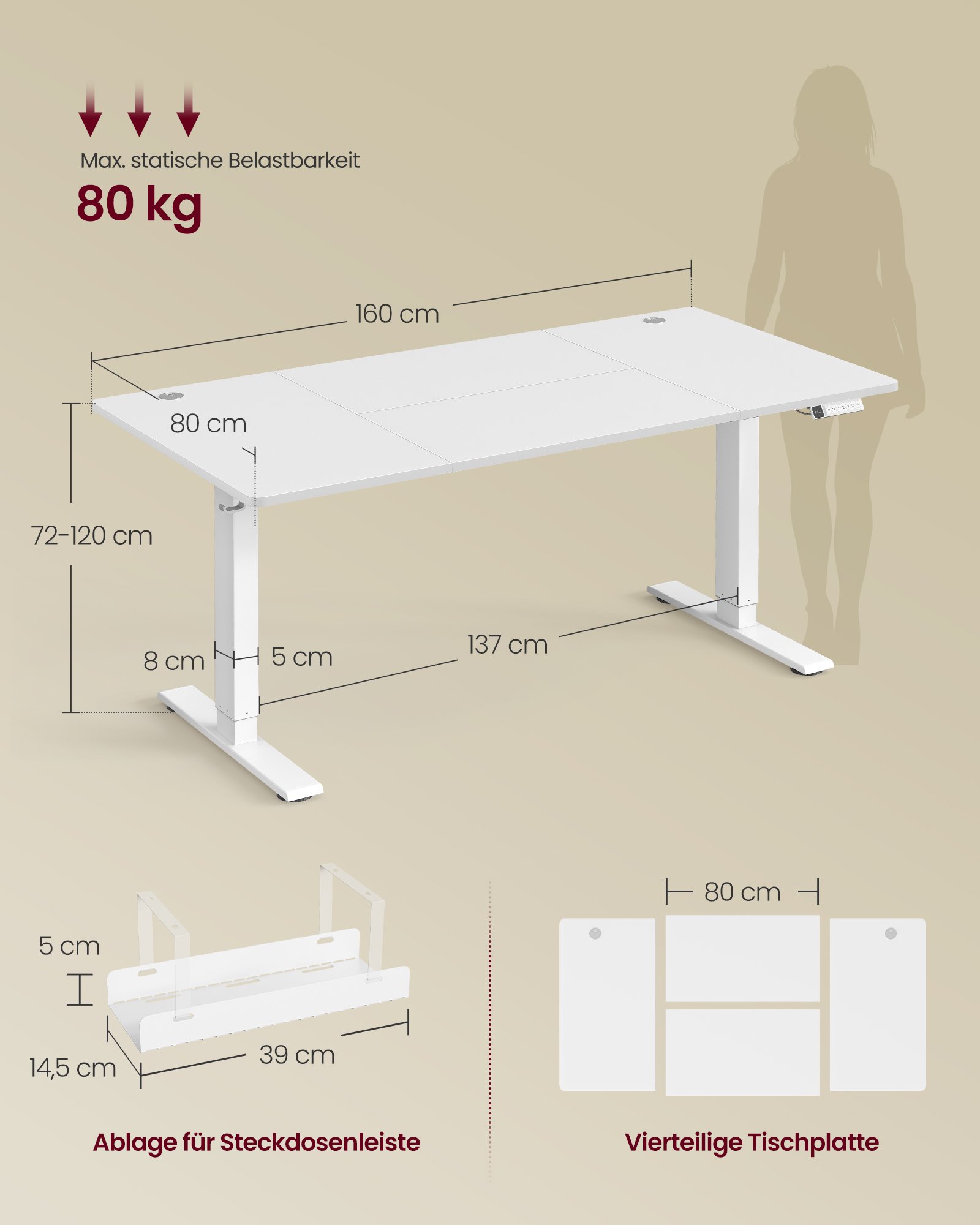 VASAGLE Height Adjustable Desk, 160 x 80 cm, USB-C Port, Power Strip Shelf, Standing Table, Long Sit Reminder, 3 Memory Buttons, for Office, Matte White LSD146WZ02 6 VASAGLE Height Adjustable Desk, 160 x 80 cm, USB-C Port, Power Strip Shelf, Standing Table, Long Sit Reminder, 3 Memory Buttons, for Office, Matte White LSD146WZ02 - Bild 6