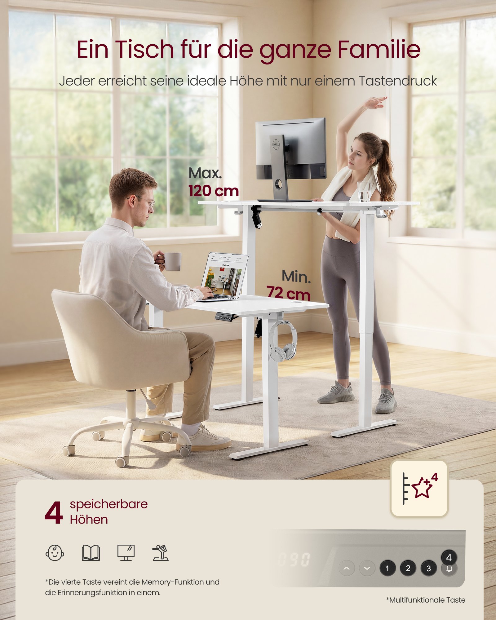 VASAGLE LSD312WZ03 Height Adjustable Desk Standing Desk Computer Desk Memory Memory Function 4 Height Office Desk 120 x 60 cm Cloud White 2 VASAGLE LSD312WZ03 Height Adjustable Desk Standing Desk Computer Desk Memory Memory Function 4 Height Office Desk 120 x 60 cm Cloud White - Bild 2