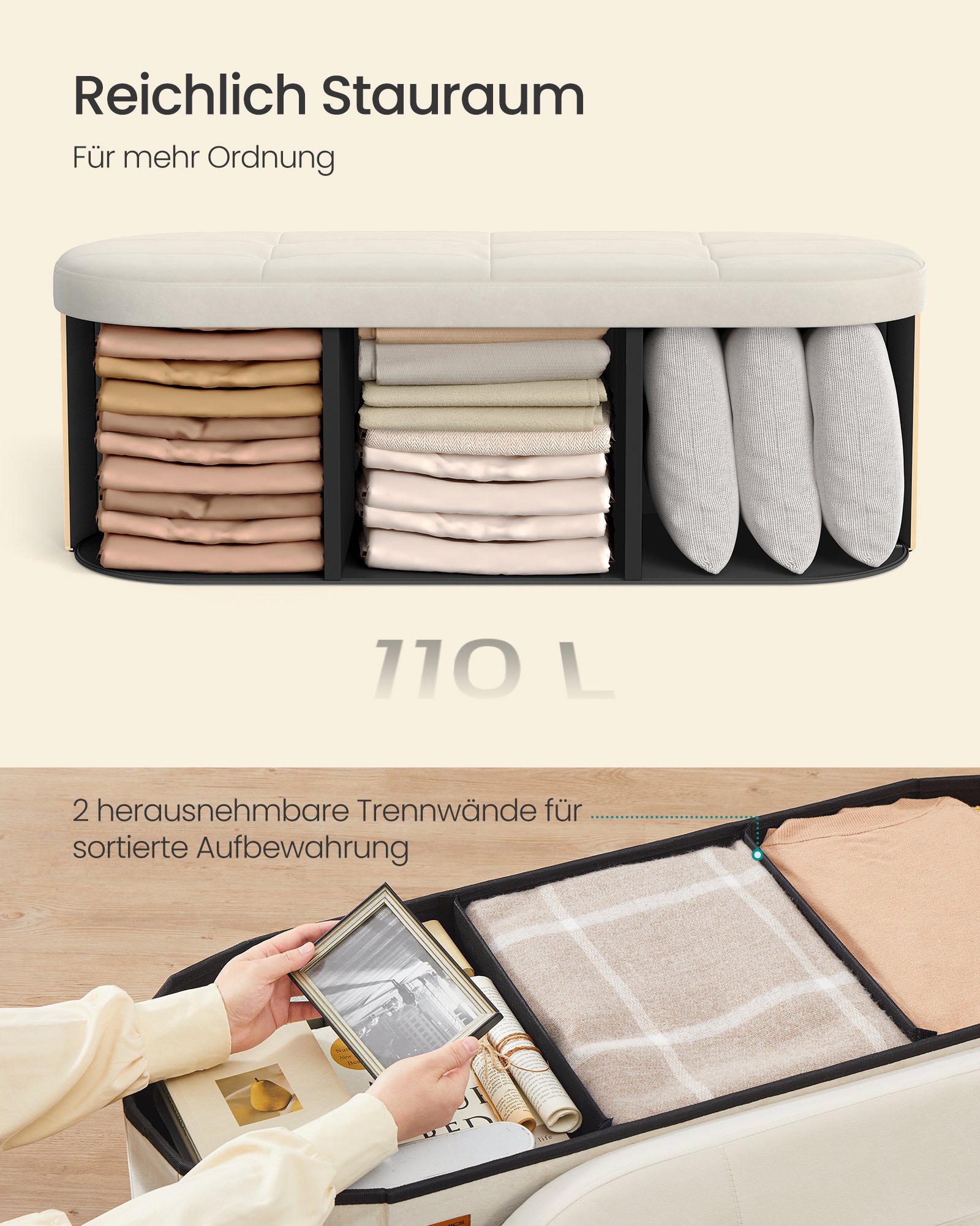 SONGMICS LSF297LH01 Storage Pouffe, Storage Chest, Folding Footrest, Easy Assembly, for Living Room, Hallway and Bedroom, Velvet, Capacity 110 L, 38 x 110 x 38 cm, Cream White 6 SONGMICS LSF297LH01 Storage Pouffe, Storage Chest, Folding Footrest, Easy Assembly, for Living Room, Hallway and Bedroom, Velvet, Capacity 110 L, 38 x 110 x 38 cm, Cream White - Bild 6