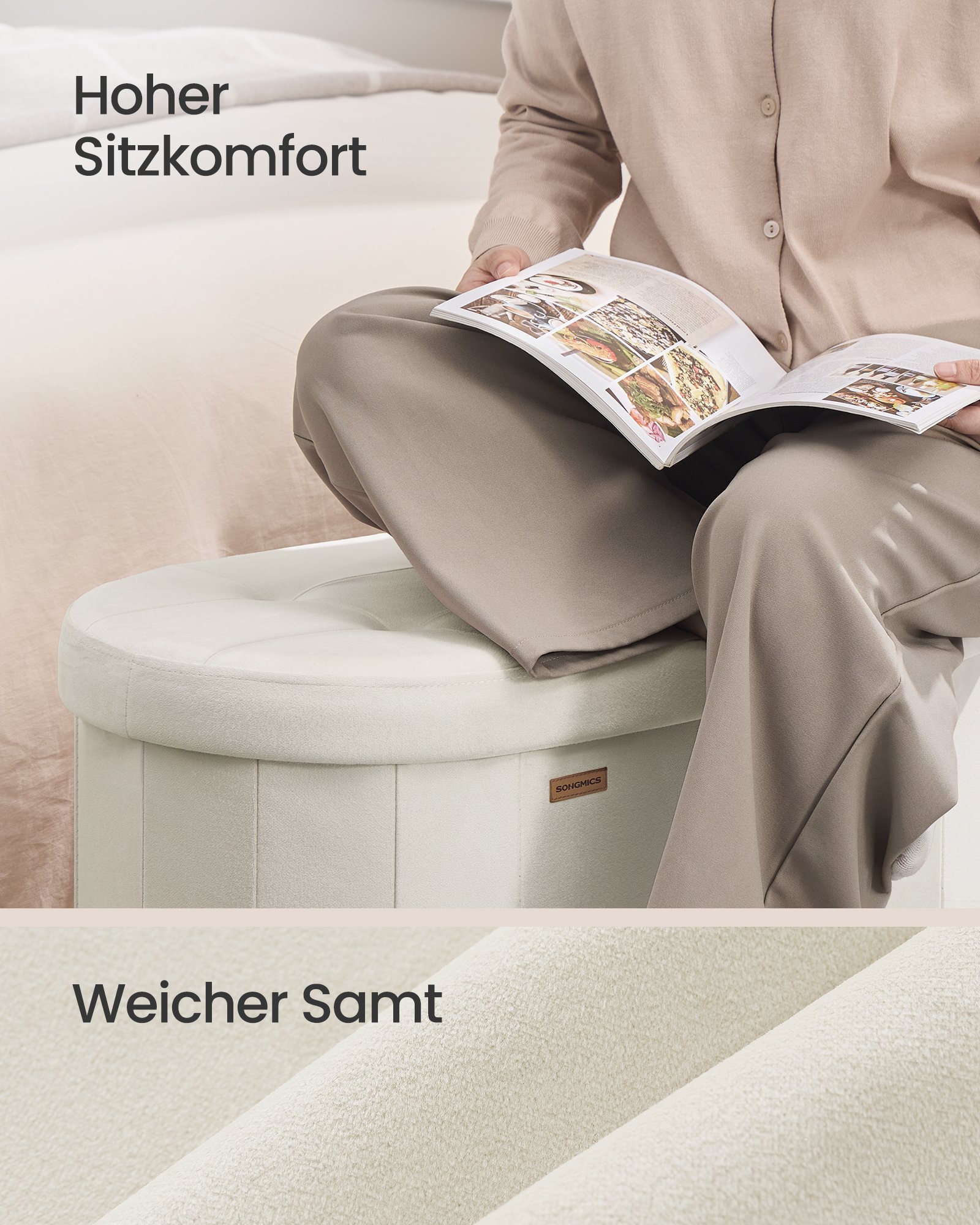SONGMICS LSF297LH01 Storage Pouffe, Storage Chest, Folding Footrest, Easy Assembly, for Living Room, Hallway and Bedroom, Velvet, Capacity 110 L, 38 x 110 x 38 cm, Cream White 7 SONGMICS LSF297LH01 Storage Pouffe, Storage Chest, Folding Footrest, Easy Assembly, for Living Room, Hallway and Bedroom, Velvet, Capacity 110 L, 38 x 110 x 38 cm, Cream White - Bild 7