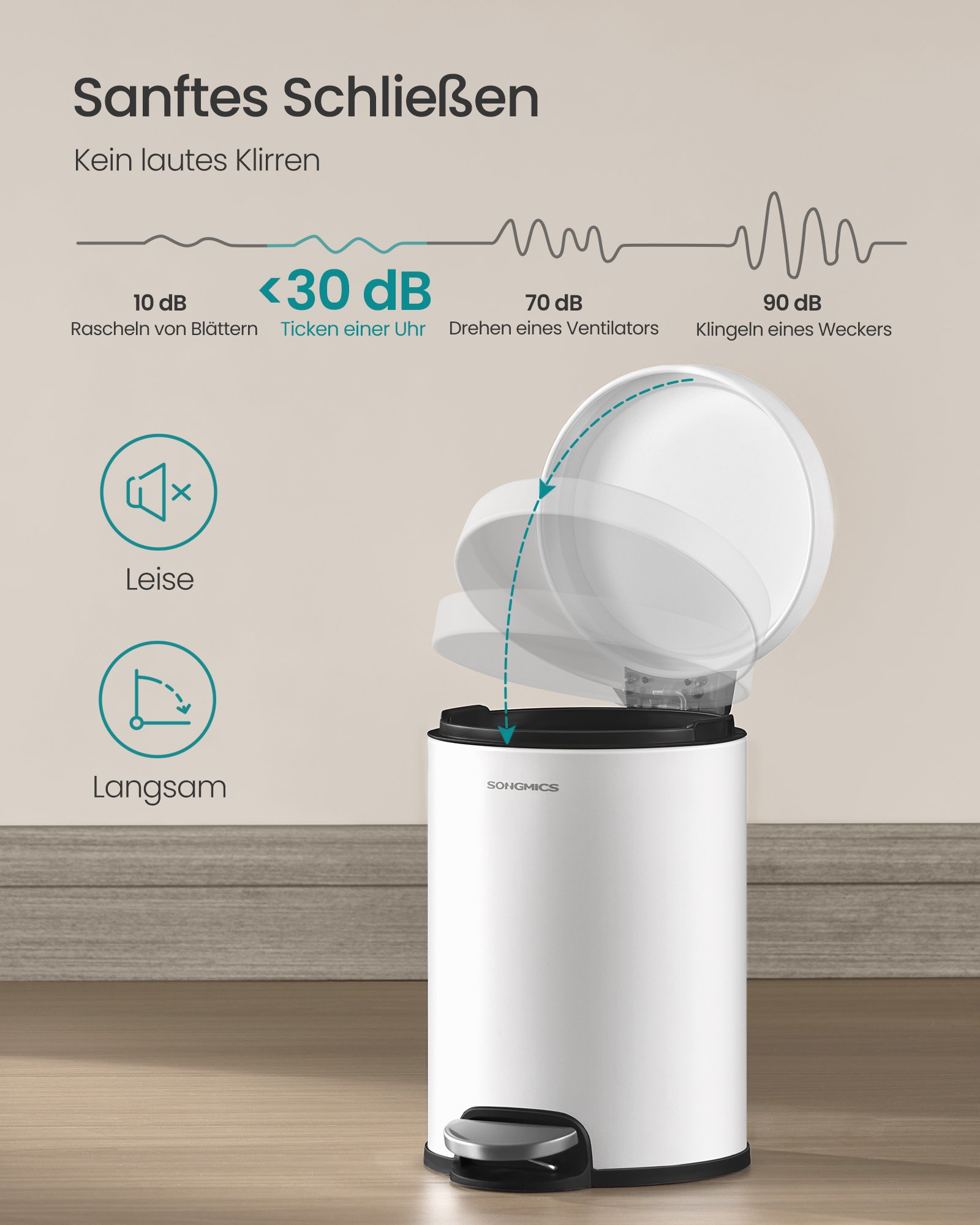 SONGMICS Bathroom Pedal Bin, 0.8 Gallon (3 L) Steel Toilet Bin with Soft-Close Lid, Inner Bucket, for Waste, Bedroom, Cloud White LTB013WZ01 3 SONGMICS Bathroom Pedal Bin, 0.8 Gallon (3 L) Steel Toilet Bin with Soft-Close Lid, Inner Bucket, for Waste, Bedroom, Cloud White LTB013WZ01 - Bild 3