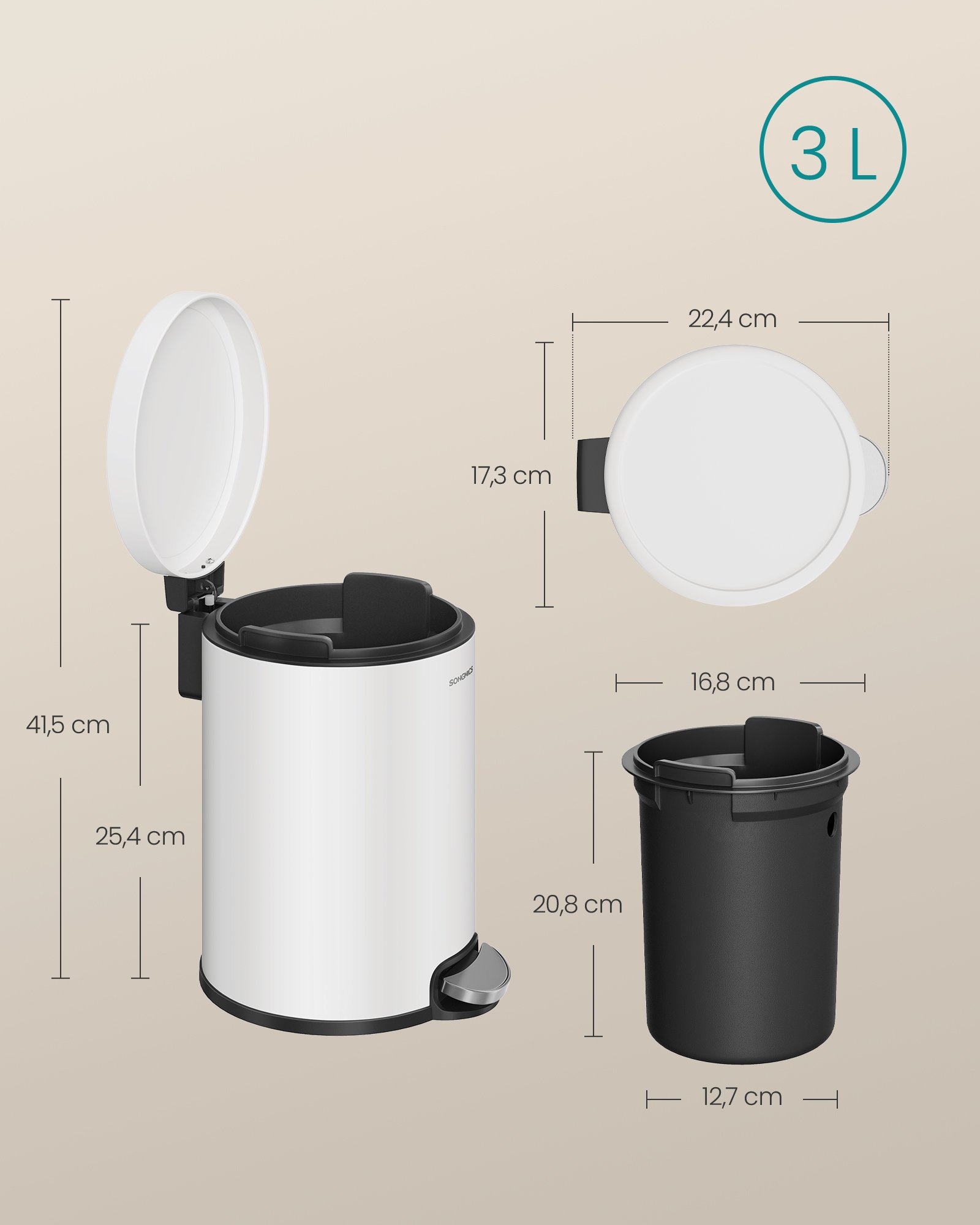 SONGMICS Bathroom Pedal Bin, 0.8 Gallon (3 L) Steel Toilet Bin with Soft-Close Lid, Inner Bucket, for Waste, Bedroom, Cloud White LTB013WZ01 6 SONGMICS Bathroom Pedal Bin, 0.8 Gallon (3 L) Steel Toilet Bin with Soft-Close Lid, Inner Bucket, for Waste, Bedroom, Cloud White LTB013WZ01 - Bild 6