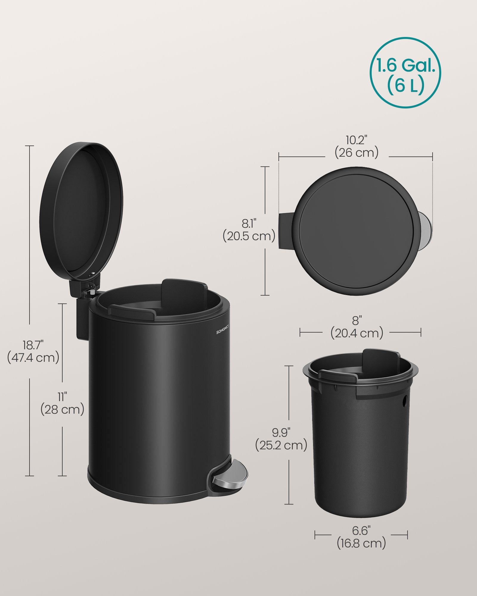 Badrumsavfallshink, 6 liters stålbehållare, innerhink, för avfall, sovrum, bläcksvart 7 Badrumsavfallshink, 6 liters stålbehållare, innerhink, för avfall, sovrum, bläcksvart - Bild 7