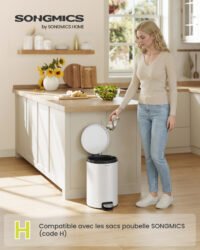 SONGMICS LTB021WZ01 Round Trash Can with 15 Bags, Metal Pedal, Removable Plastic Inner Bucket, Handle, Cushioned Closure, Steel, 20 L, Cloud White