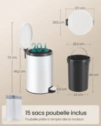 Rund papperskorg med lock och 15 påsar, 20 liters kapacitet.