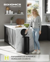 SONGMICS 30L Round Trash Can with 15 Trash Bags, Metal Pedal, Removable Plastic Bucket, Handle, Soft-Close Lid, Steel, Ink Black LTB031BZ02