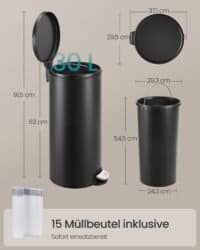 Svart metallpapperskorg med lock och pedal, 30L kapacitet.