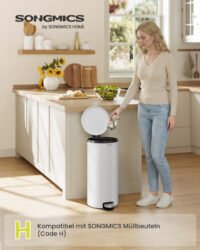 SONGMICS 30L Round Trash Can with 15 Trash Bags, Metal Pedal, Removable Plastic Bucket, Handle, Soft-Close Lid, Steel, Cloud White LTB031WZ02