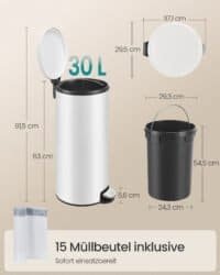 Vit rund papperskorg med lock och pedal, 30L kapacitet.