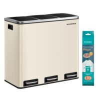 3-Compartment Kitchen Rubbish Bin, 3 x 18 L, for Recycling and Waste, Lids, Pedals, Inner Buckets, Steel, Soft Close, Sand Beige