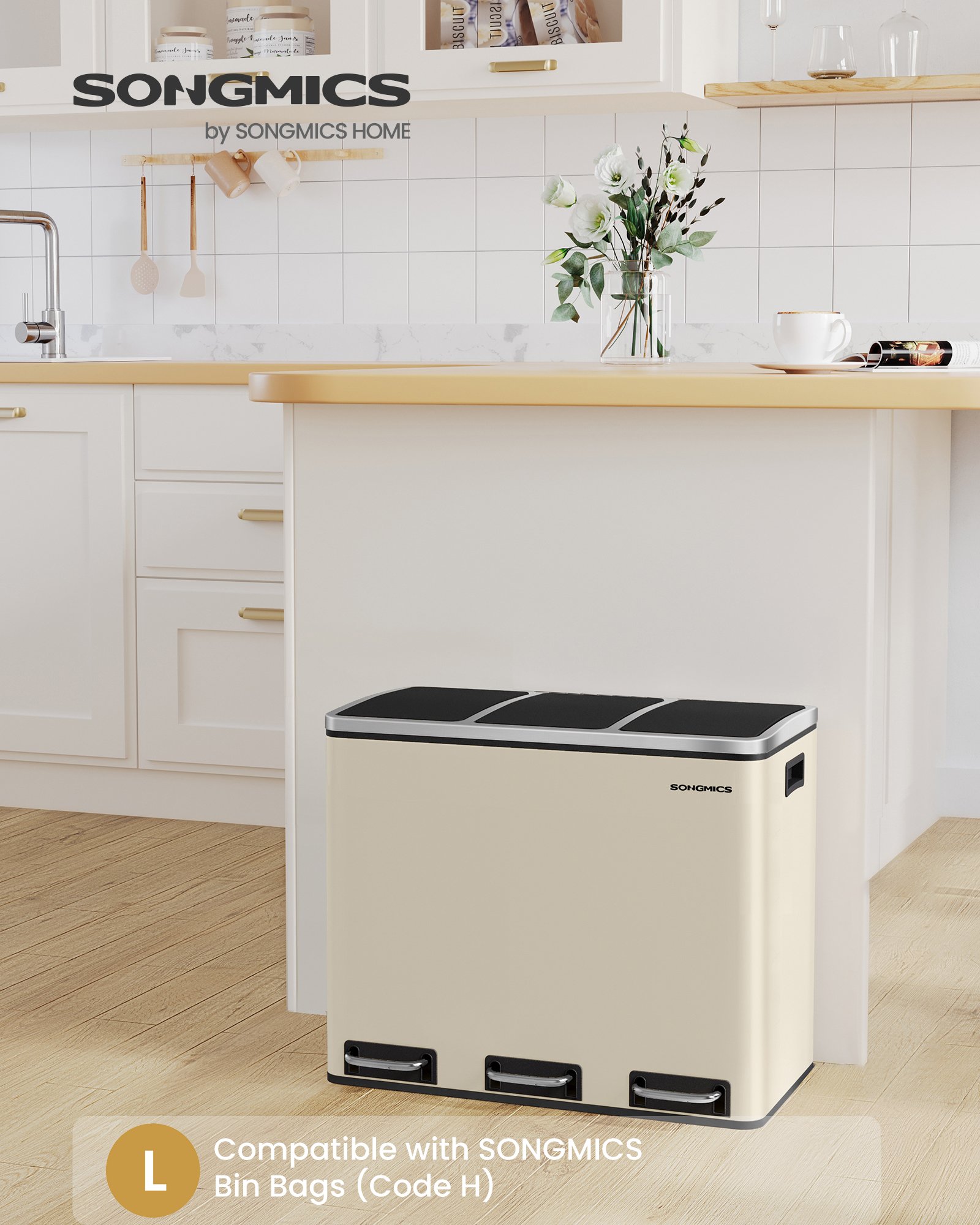 3-Compartment Kitchen Rubbish Bin, 3 x 18 L, for Recycling and Waste, Lids, Pedals, Inner Buckets, Steel, Soft Close, Sand Beige 2 3-Compartment Kitchen Rubbish Bin, 3 x 18 L, for Recycling and Waste, Lids, Pedals, Inner Buckets, Steel, Soft Close, Sand Beige - Bild 2