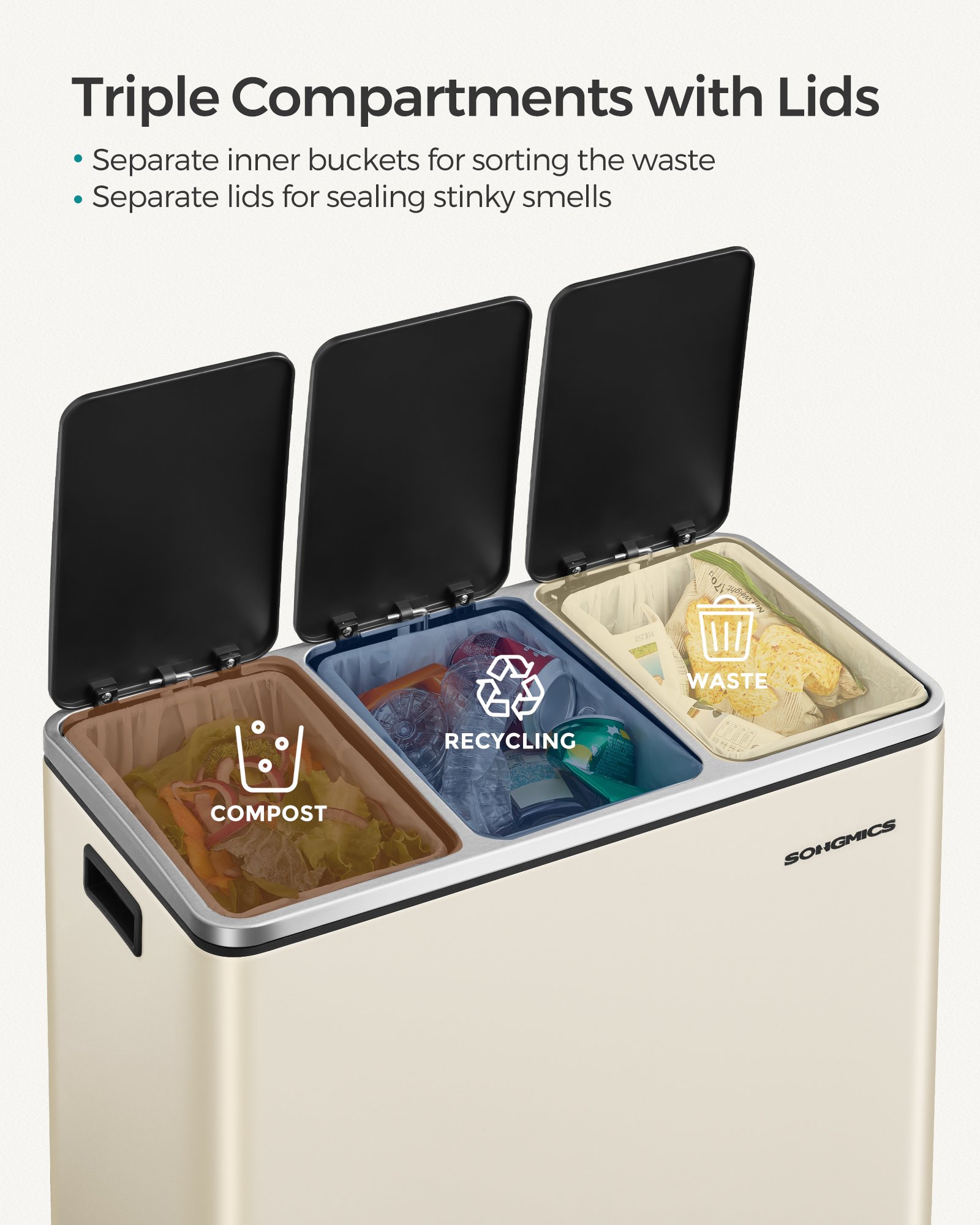 3-Compartment Kitchen Rubbish Bin, 3 x 18 L, for Recycling and Waste, Lids, Pedals, Inner Buckets, Steel, Soft Close, Sand Beige 3 3-Compartment Kitchen Rubbish Bin, 3 x 18 L, for Recycling and Waste, Lids, Pedals, Inner Buckets, Steel, Soft Close, Sand Beige - Bild 3