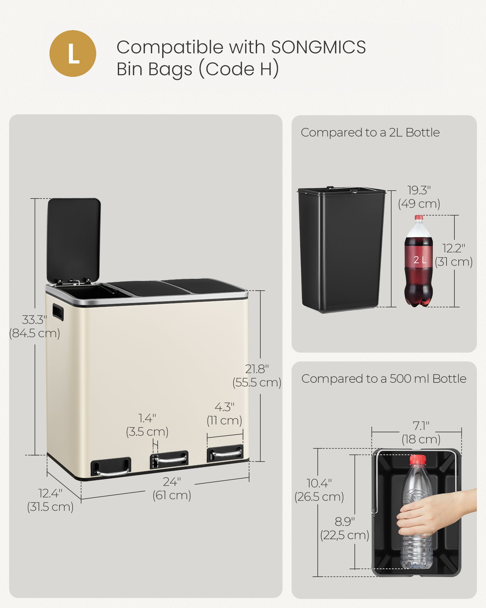 3-Compartment Kitchen Rubbish Bin, 3 x 18 L, for Recycling and Waste, Lids, Pedals, Inner Buckets, Steel, Soft Close, Sand Beige 6 3-Compartment Kitchen Rubbish Bin, 3 x 18 L, for Recycling and Waste, Lids, Pedals, Inner Buckets, Steel, Soft Close, Sand Beige - Bild 6