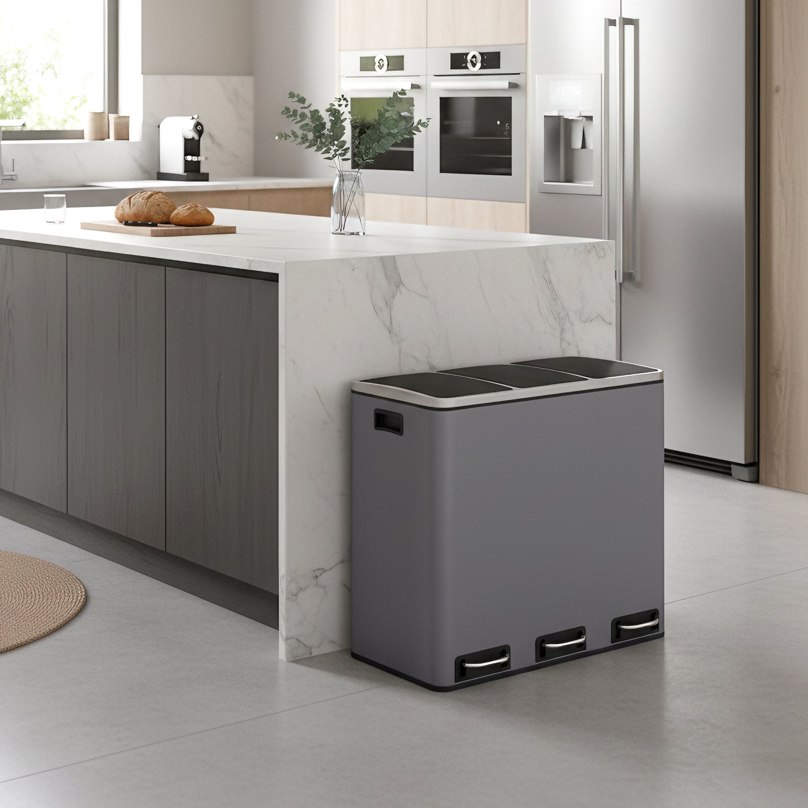 SONGMICS Kitchen Rubbish Bin, 3 x 18 L, Waste Separation System, 3 Compartments, Includes 15 Bin Liners, Rubbish Bin, Pedal Bin, for Recyclable Waste, Organic Waste, with Lid, Matte Grey LTB054G01 3 SONGMICS Kitchen Rubbish Bin, 3 x 18 L, Waste Separation System, 3 Compartments, Includes 15 Bin Liners, Rubbish Bin, Pedal Bin, for Recyclable Waste, Organic Waste, with Lid, Matte Grey LTB054G01 - Bild 3